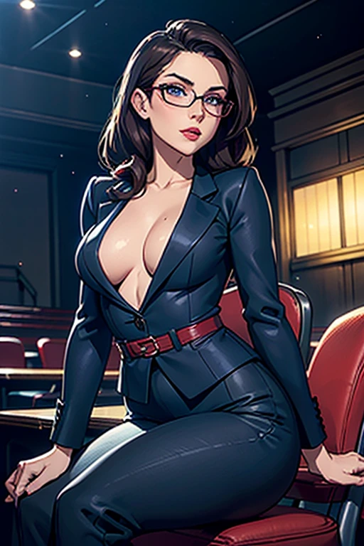 A beautiful woman, brunette, red lip, wears glasses, sexy teacher wearing a suit , blue eyes, in an University theater, Sit on a chair, Big chest, thin waist, tight clothing, naughty, Blushing, eYeliner, big eyelashes, seductive pose, in the dark , Lights off