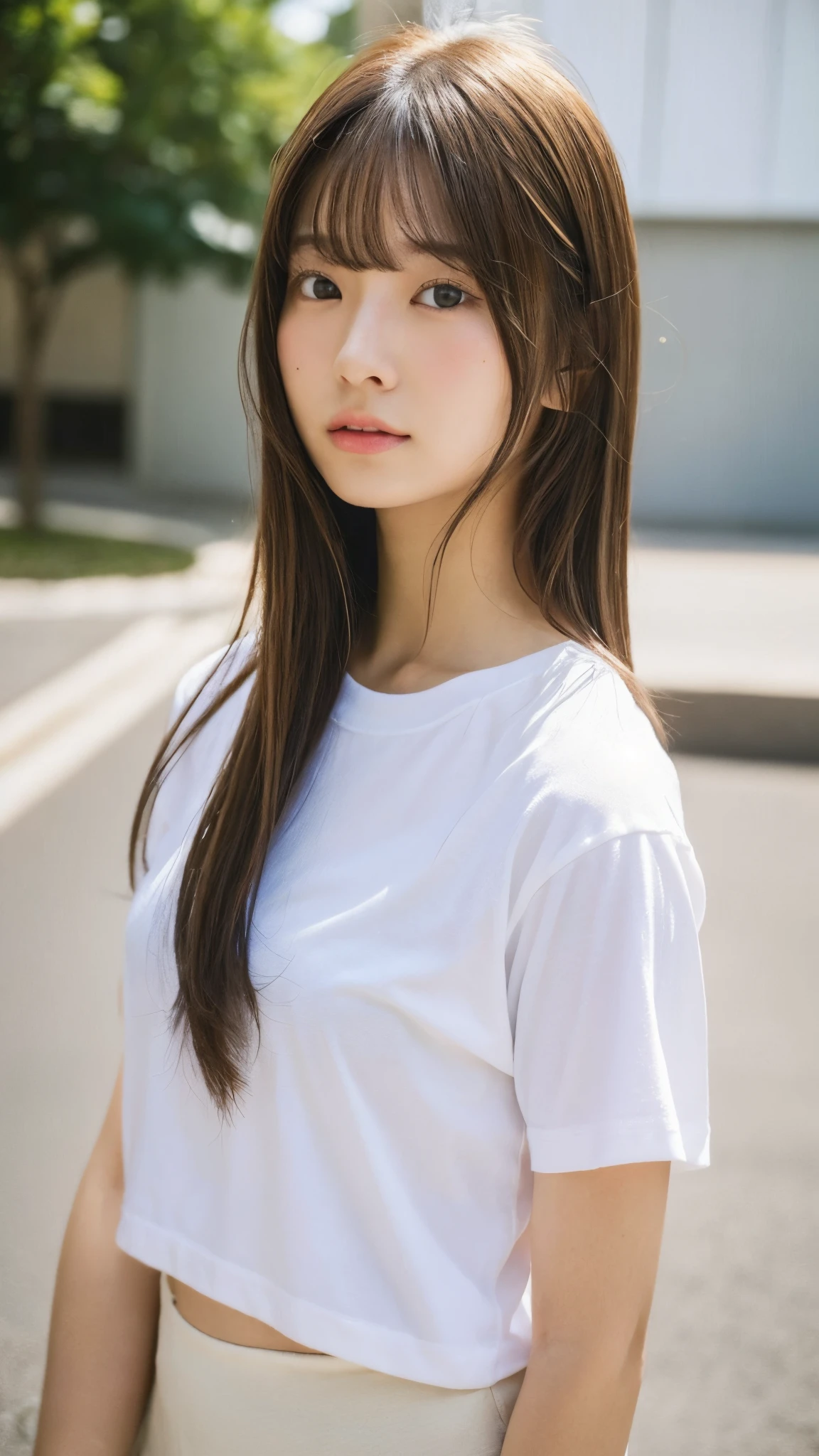 (top-quality、16K resolution)1人、独奏、natural soft light、small tits、A Japanese Lady、Looking at the camera、white t-shirts、Concrete background、Facing the front、is standing、bobhair、Woman in her late teeight bangs、short-hair、Salon model、Natural look、portlate、floated hair、Rolled hair