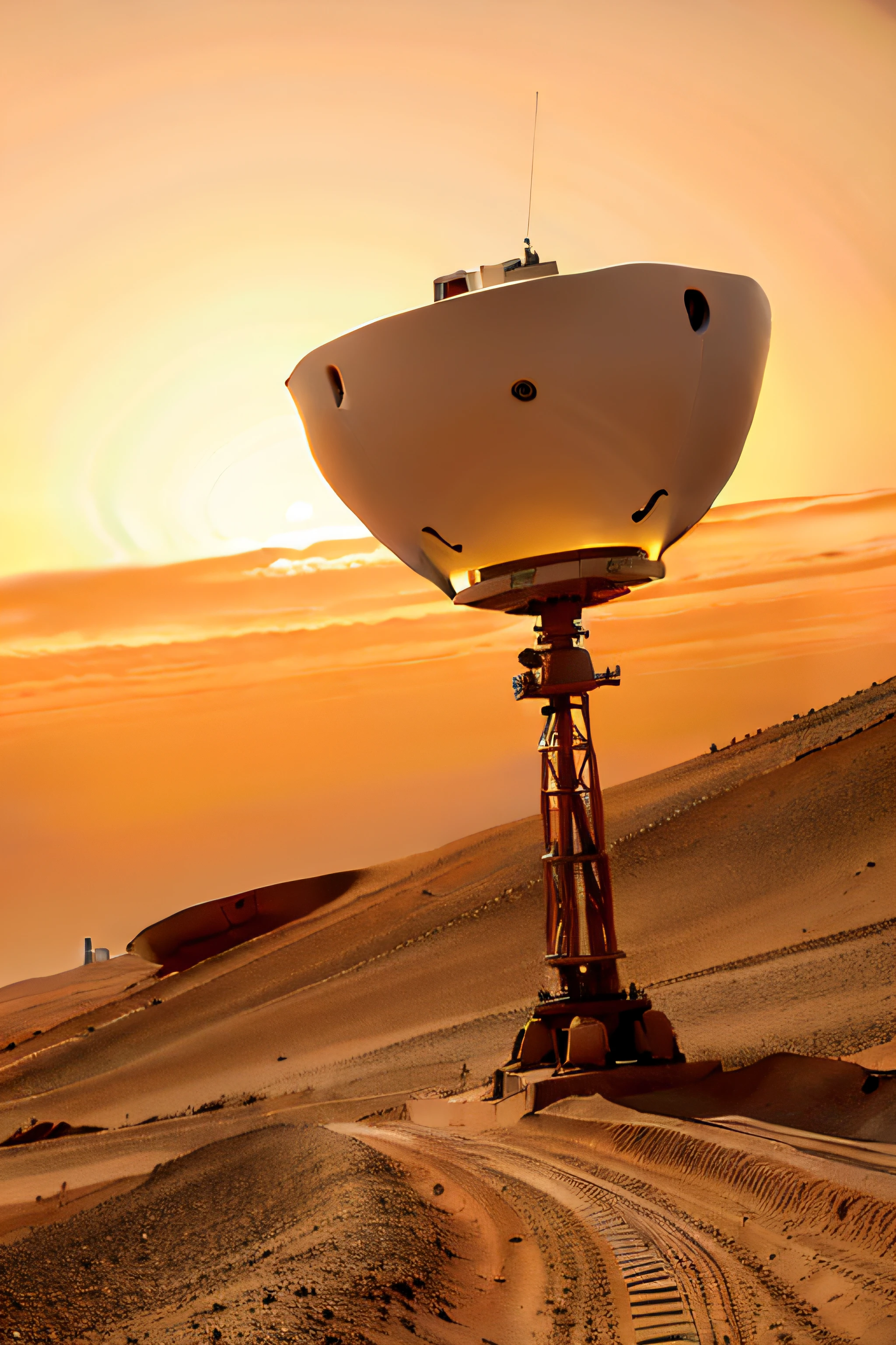 On Mars, multiple technological robotic arms are building streamlined scientific research buildings, streamlined housing and roads. Mars during the day, yellow sky, high-tech aircraft flying in the sky, engineering machinery, details of technological robotic arms, basic architectural details, ultra-wide-angle lens, high reality, light and dark contrast,