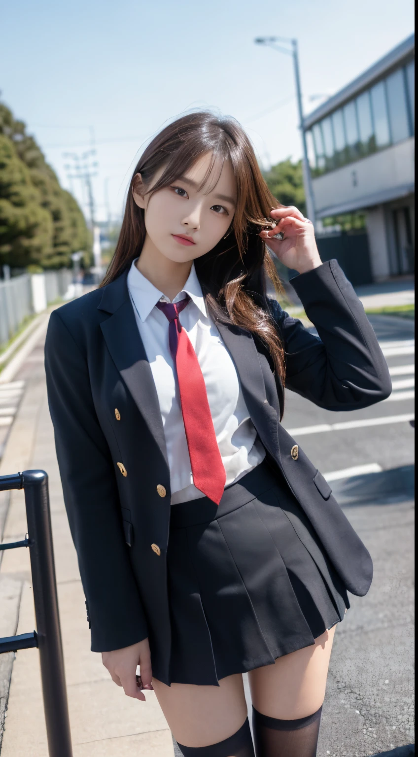 (16 K, Raw photography, Top image quality, ​masterpiece: 1.45), (realisitic, Photorealsitic: 1.37), Tall Girl, cute little, A city scape,, profetional lighting, photon maping, school classrooms, physically-based renderingt, dark brown  hair,pony tail hairstyle, Well-groomed and beautiful eyes、((二重まぶた))、Transcendent Cute Girl, (((student clothes、blazers、Long sleeve shirt worn by Japan high school girl、Ribbon Ties、Dark blue mini skirt,、Dark blue socks、Black loafers))), Top Quality Photos, hight resolution, 1080p, (clearface), (Detailed face description), (Detailed hand description), (​masterpiece), (Exquisite CG)、extreme light and shadows、dishevled hair、master work、abundant detail、(Fine facial features)、(top quality photo)、(masuter piece)、(A detailed eye)、Look in front of you、Fine clavicle、((Slender big))、(((Japan schoolgirls wear jackets and long-sleeved shirts)))、((Neat and clean idol))、((School Gate、school ground、School building in the background))、(Shooting from random perspectives)、(((cute like an idol)))、耳Nipple Ring、A smile、Drawing the whole body from the knees、Do not draw nasolabial folds、(((Sports bags used by Japan schoolgirls)))、(Big breasts that hang down big:1.2)、Big buttocks with tension、Two arms and two legs、(((from the front side:0.7)))、bare hand、(((Left and right symmetrical eyes)))、Standing Pose、Do not take the tie out of the jacket、Raise your buttocks:1.5，barebacked:1.5，