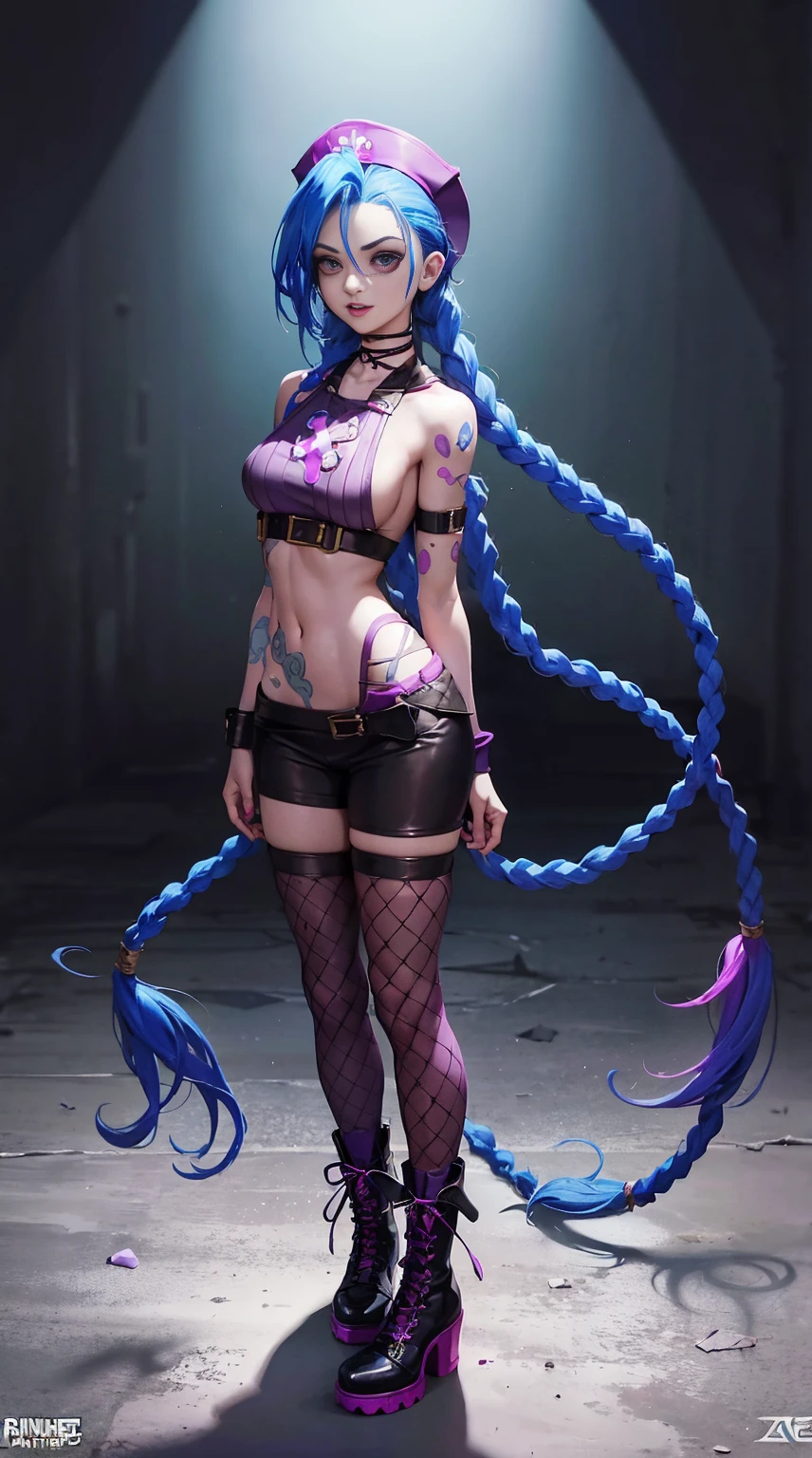 League of Legends ,Jinx nurse,nurse hat,nurse costume,Rose tattoo,big laughter,Twist braids,Runaway Lori,de cuerpo completo,(kneehigh boots)),purpleish color,(fishnet leggings),(standing on your feet),The background is dark and tough,There is a sense of danger and intensity。