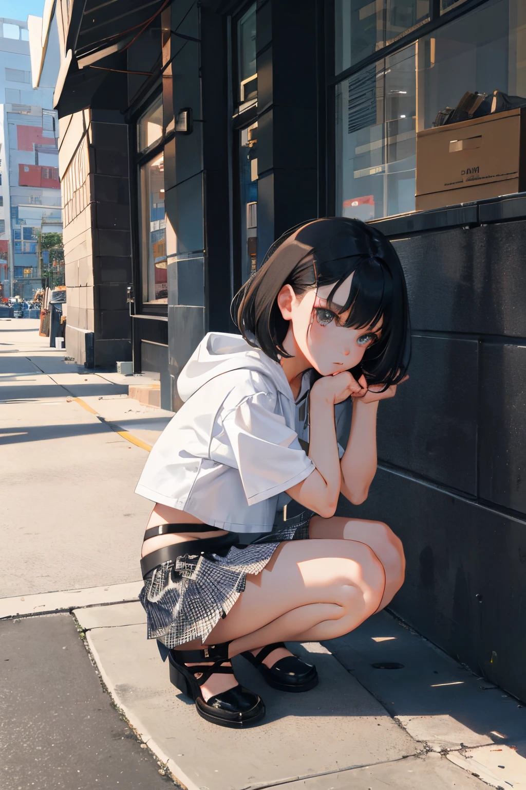 crouching down，(child)，（​masterpiece，Highest Quality），Crop Top Look，Short sleeve hoodie，(Black mini skirt with gingham check)，A dark-haired
