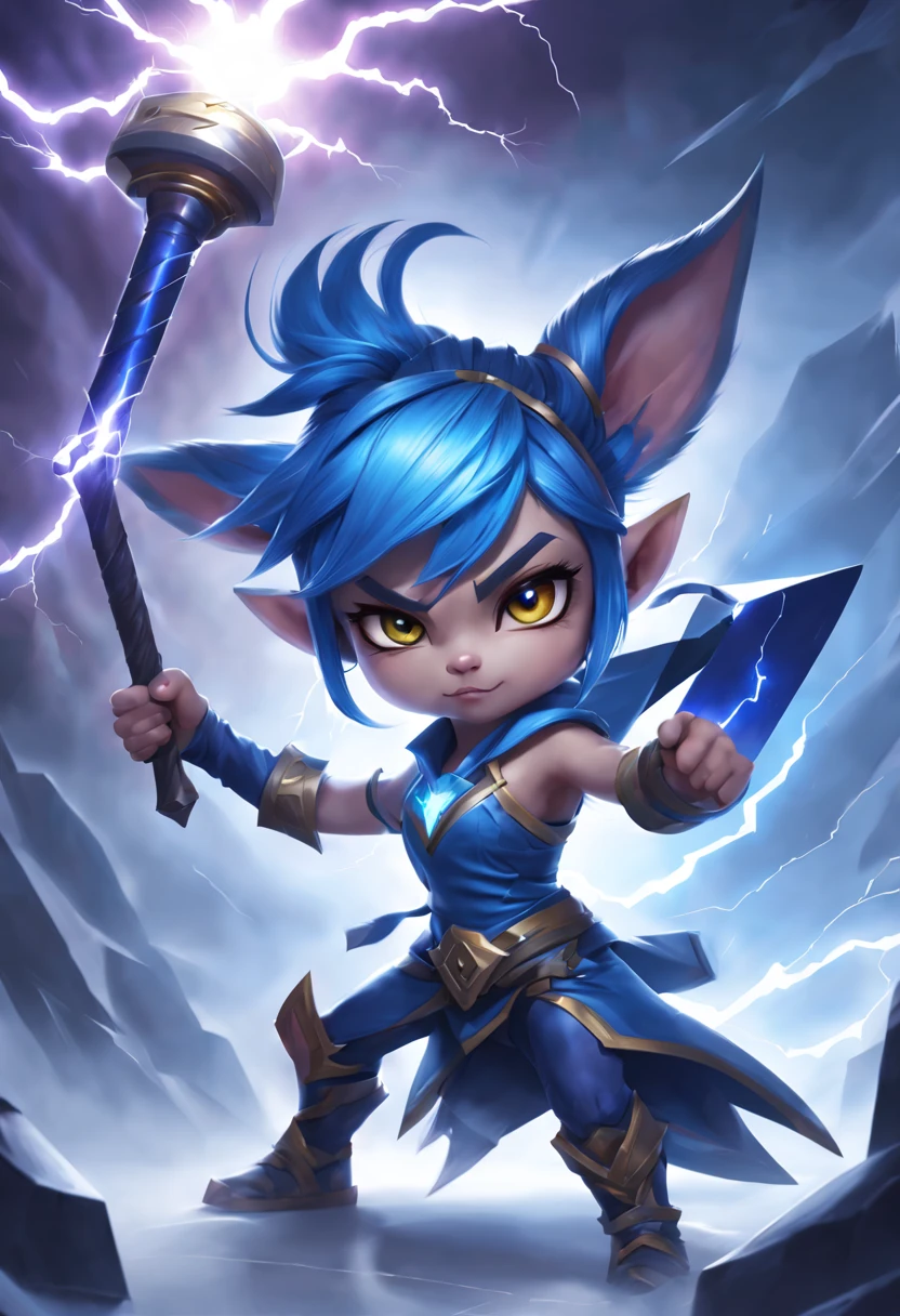 determined，Lightning surrounds，female yordle，Blue double ponytail,With the legendary lightning hammer，white backgrounid。