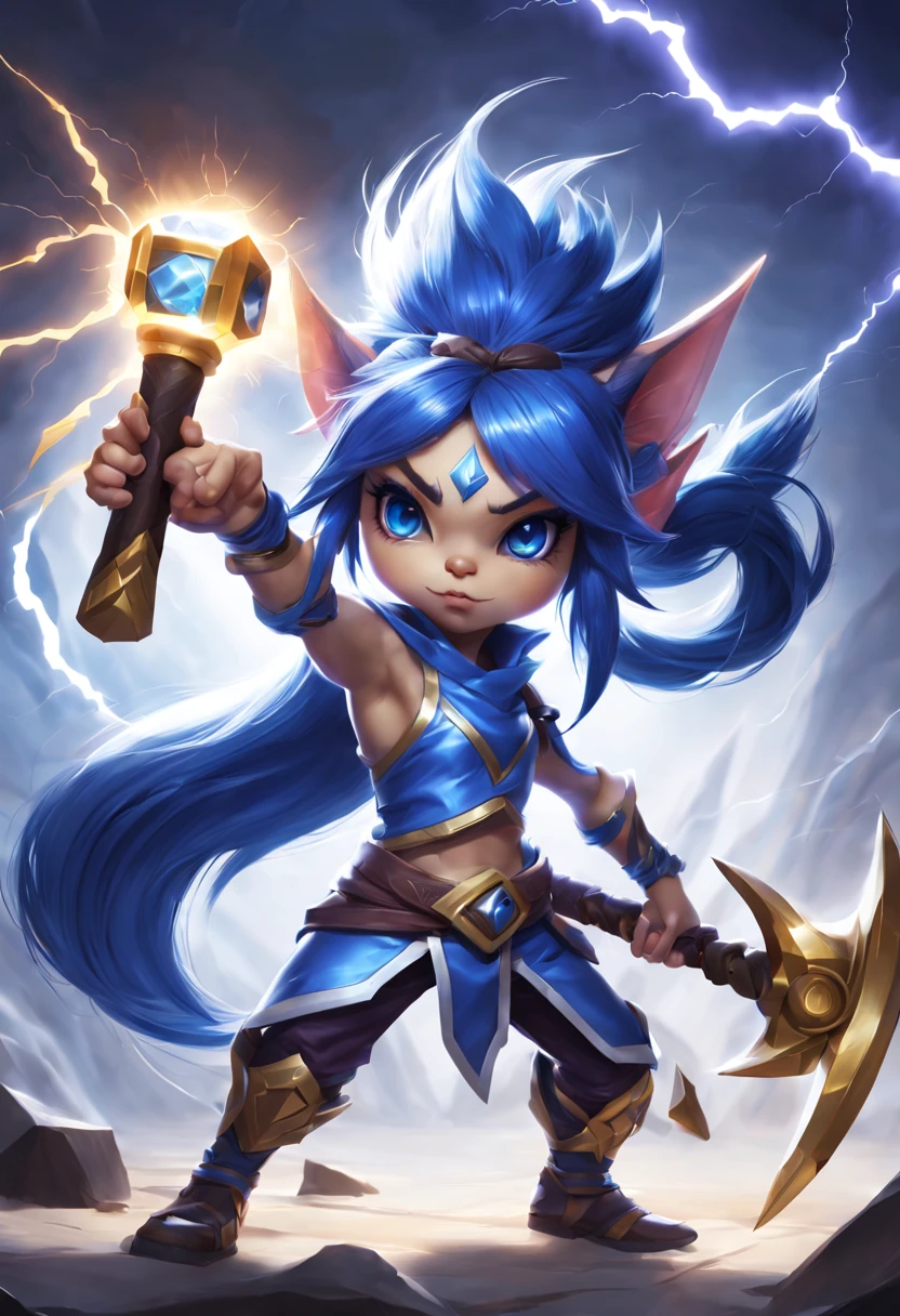 determined，Lightning surrounds，female yordle，Blue double ponytail,With the legendary lightning hammer，white backgrounid。