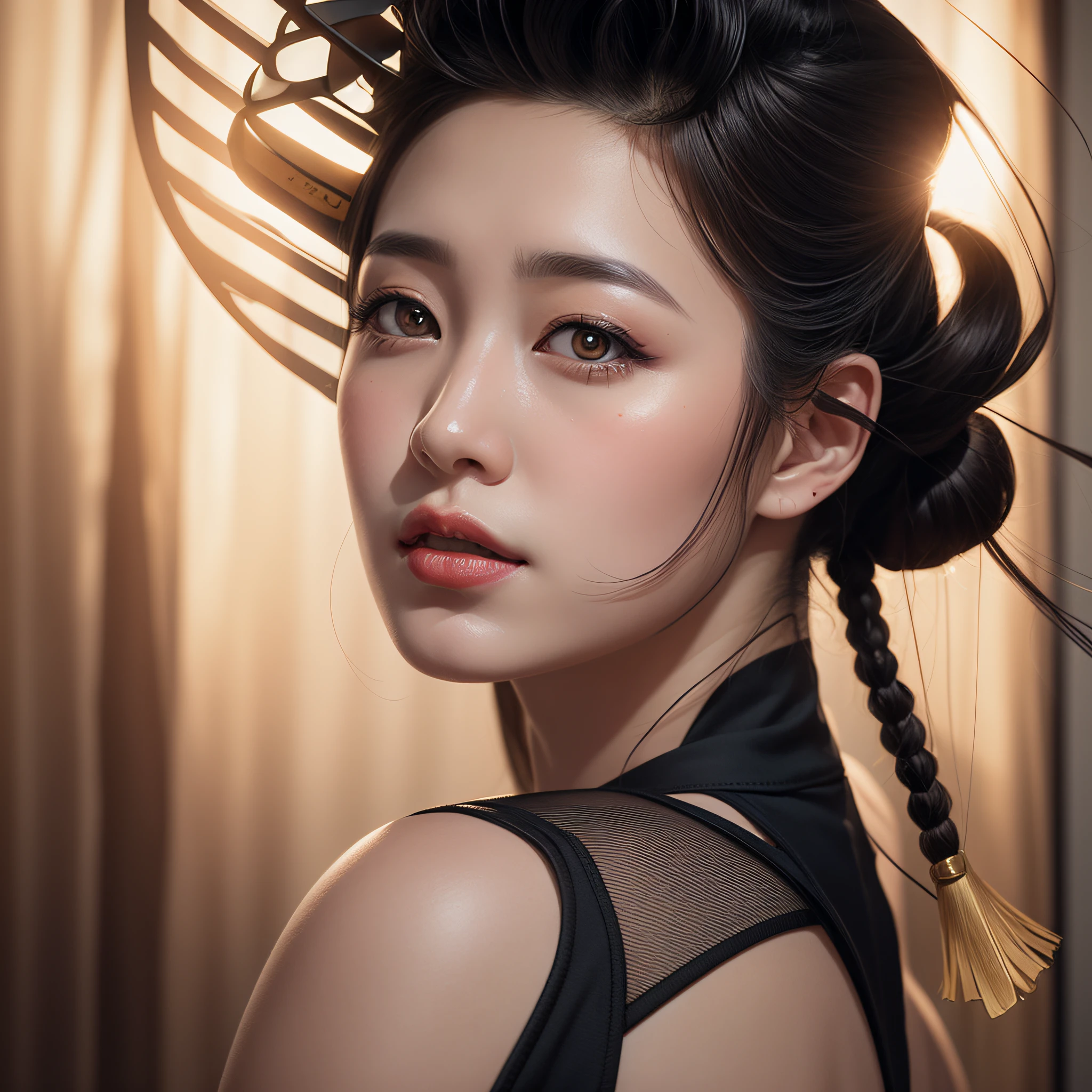 a geisha, with black hair with a ponytail, with a hair comb, with bare shoulders, stunning digital illustration, exquisite digital illustration, a beautiful realistic art, beautiful realistic digital art, beautiful realistic digital illustration, inspired by Yun Du-seo , in realistic digital illustration style, inspired by Sim Sa-jeong, female Korean idol portrait, stylish realistic art, realistic digital photo.
