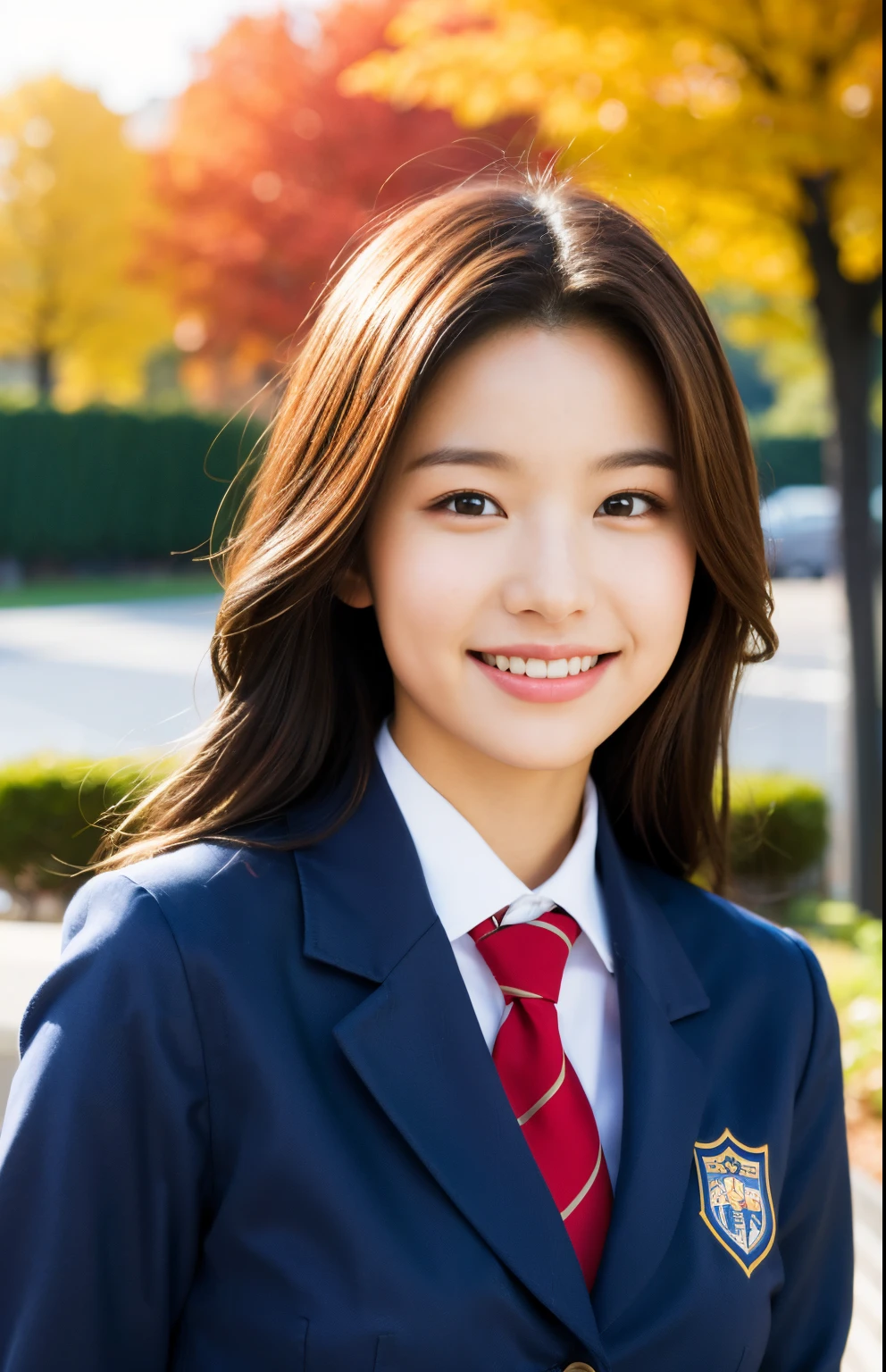 Best quality,masterpiece,ultra high res,(photorealistic:1.4),1girl, city background, student uniform, fall clothes, gentle smile, teenager,