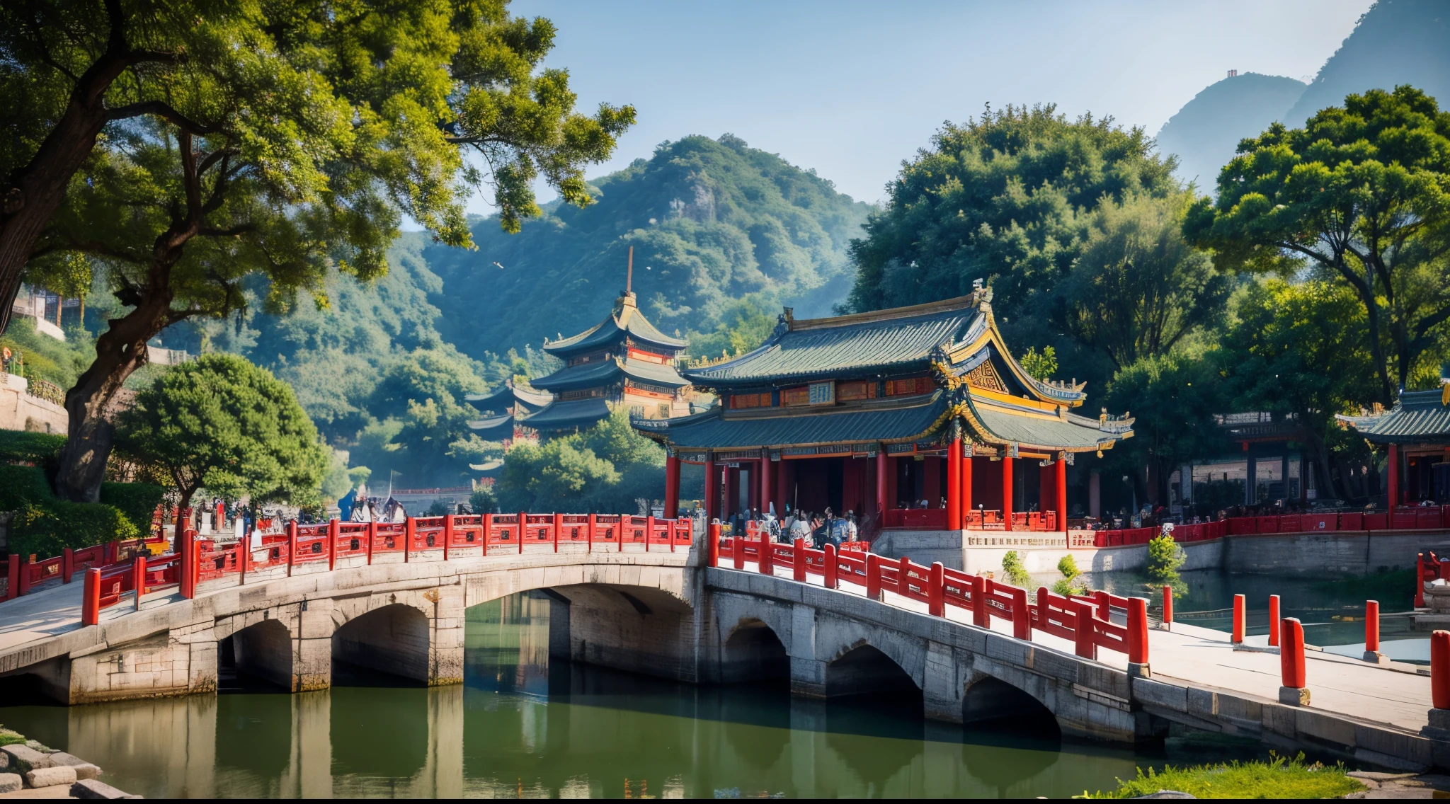 A poster of Fenghui Ancient Town, with the theme of "Fenghui Ancient City is Youth", deeply explores the tourism and cultural heritage of Fenghui Town. With youth, creativity and vitality to tell the story of the rejuvenation of the ancient city, spread the harmonious and beautiful image of the ancient city, Fenghui has a deep cultural heritage, rich tourism resources, Fenghui Town seeks prosperity with ancient times, promotes the in-depth integration and development of the cultural tourism industry, and is committed to building a youthful and vibrant thousand-year-old city in the Yangtze River Delta region. Describe the lively scene of Fenghui Ancient City, long perspective, there is a small river in the axis of the painting, boats come and go in the small river, gray tile white walls, Chinese-style architecture, (an arch bridge spans both sides of the river, 7~8 pedestrians enjoy the scenery on the arch bridge), pedestrians on both sides of the bank come and go, ink painting style, simple Chinese architecture, super detailed, epic communication, huge paintings, highest quality, supersaturated, 32 --auto --v 6