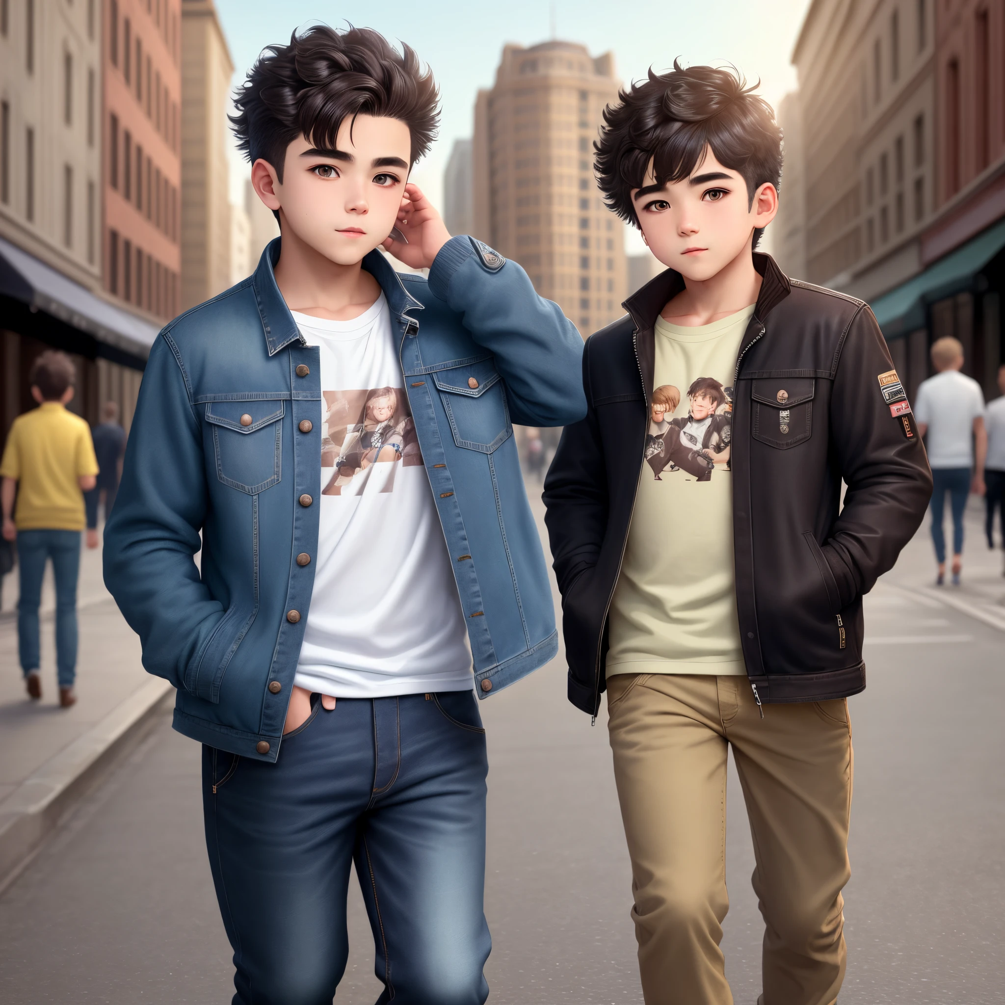 1 boy, two block hair, chocolate eyes, wearing jeans jacket, chinos short, city, high res, ultrasharp, 8k, looking at viewer