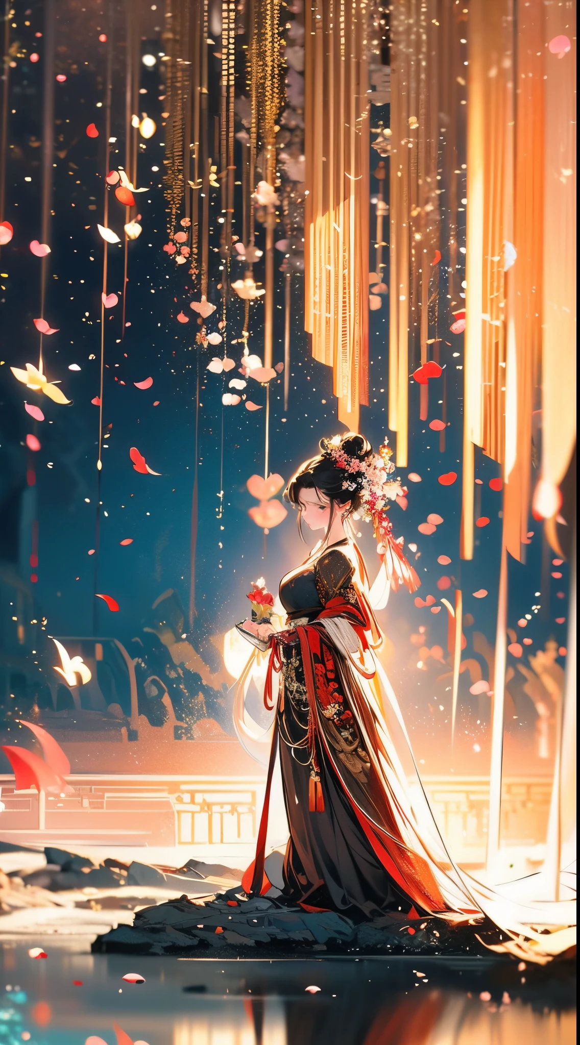 1个Giant Breast Girl, 独奏, brown  hair, Black hair, hair adornments, longer sleeves, shift dresses, Permanent, florals, hair-bun, petals, Chinese outfit, Paper, paint brushes, Paper rolls, Hanfu，masterpiece，Three-dimensional feeling，Light and shadow tracing，A sense of fatalism，A standing girl，Tall back，Red clothes，flying paper，Sacrificial altar，Long flowing hair，Strong light source，forward light，Mottled sunlight，Add details，A high resolution，Wallpapers，foreground petals，Flowing river water，Antique feel，fresh flowers，in a panoramic view，Positive perspective，Clarity enhancement，shairband,