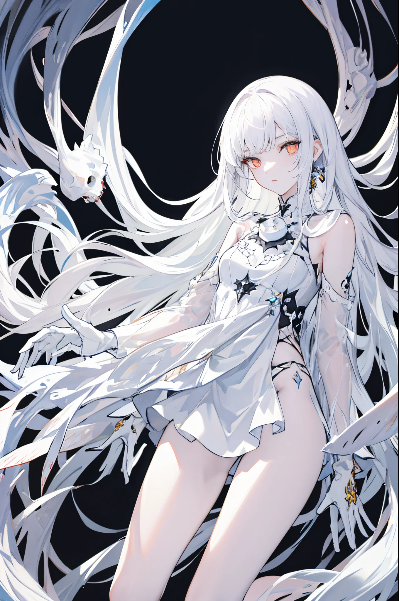 (masterpiece, top quality, best quality, official art, beautiful and aesthetic),1girl,solo,full body,look at viewer,white eyes,bones carving skin,dark white and light white,hollow body,meticulous portraiture,