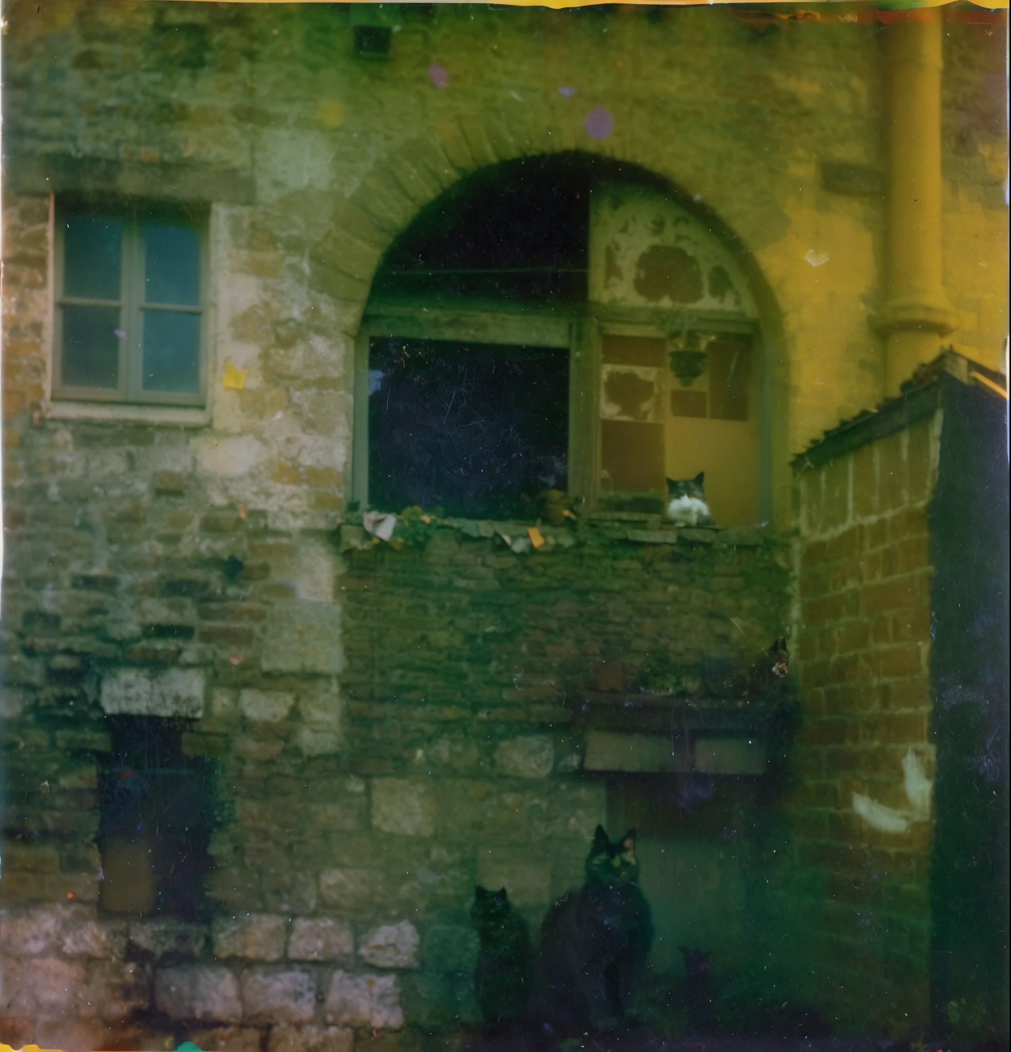 there is a cat that is sitting on a ledge in a window, old damagaed polaroid photo, taken on a 1970s polaroid camera, taken on 1970s kodak camera, autochrome, taken on a 1960s kodak camera, photographed on damaged film, film photo from 1970s
