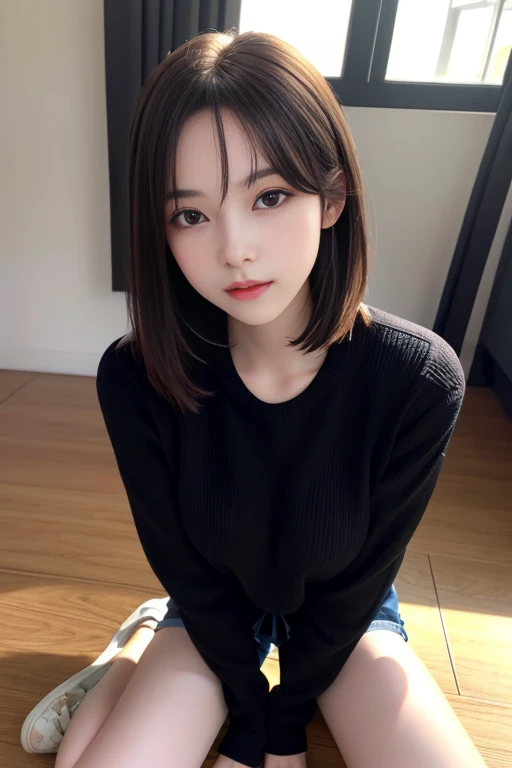 超A high resolution,masutepiece,Best Quality, Kneeling、sitting down on the floor、
extremely delicate face,Detailed eyes,very intricate,perfect glossy shiny skins,Perfect Lighting,Detailed Lighting,Dramatic shadows,Ray tracing,
1girll,full body Esbian,Black sweater,medium breasts、