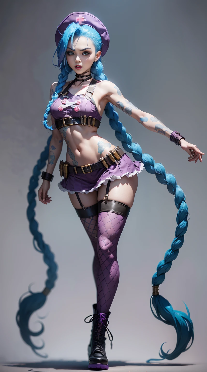 Jinx nurse，nurse hat，White nurse costume，Rose tattoo，big laughter，Blue twist braid，With a huge needle，The needle stands taller than a person。Runaway Lori，League of Legends ，de cuerpo completo，(kneehigh boots)),purpleish color，(fishnet leggings),(standing on your feet)，The background is dark and tough，There is a sense of danger and intensity。