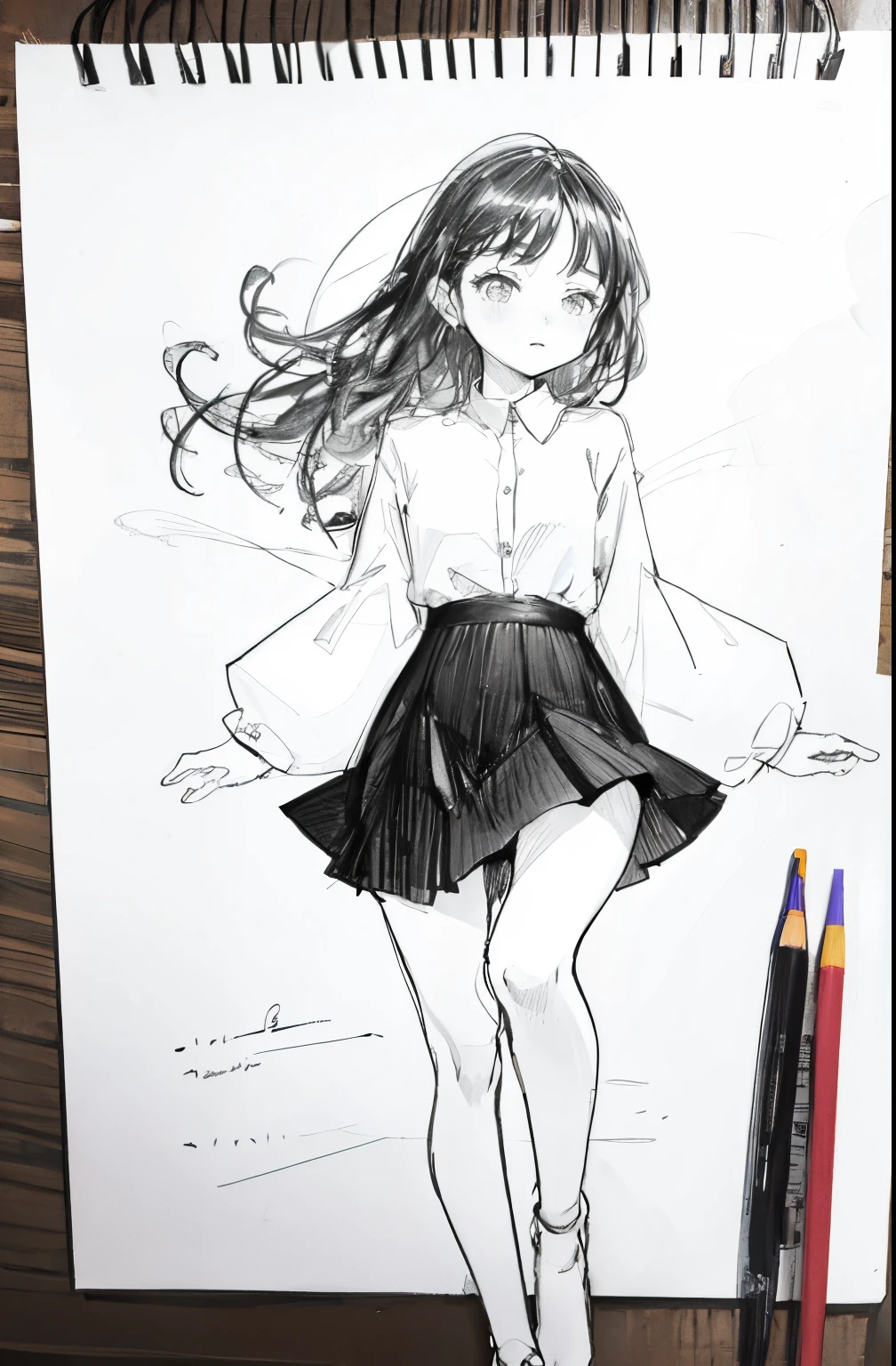 1girl in,line-drawing,monochromes,sketch,Pencil drawing,Traditional Media,1girl in, black skirt fence, A dark-haired,long hair shirt, long-sleeve, Skirt, Solo、Cute age woman, ,Beautiful portrait、Delicate body、full body Esbian、Looked、ru、bobhair、shorth hair、Patsun、deadpan、校服、エロ