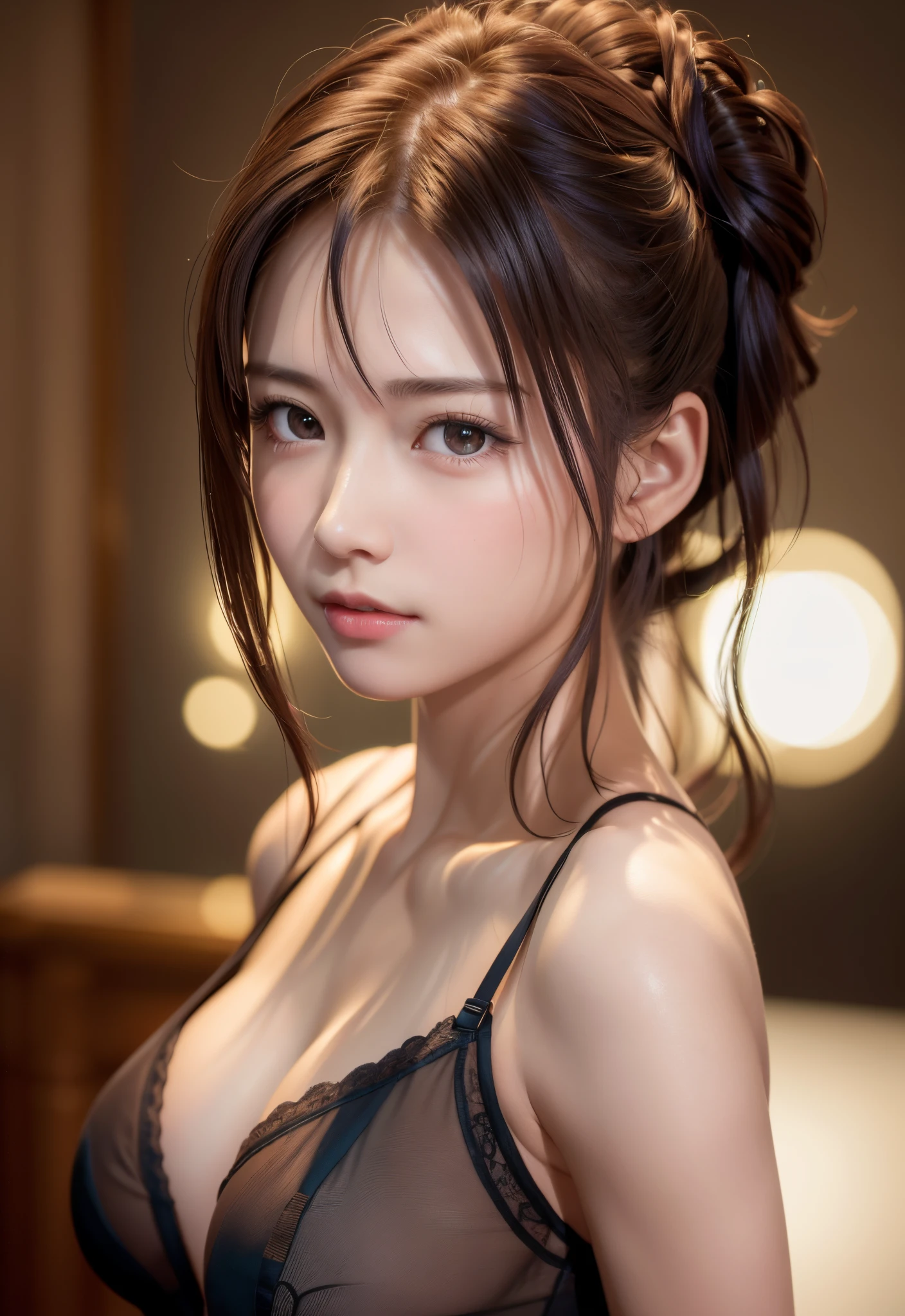 8K, of the highest quality, masutepiece:1.2), (Realistic, Photorealsitic:1.37), of the highest quality, masutepiece, Beautiful young woman, Pensive expression, Sweet look, sexy lingerie、Hair tied back, Messy mood, Cinematic background, Tired, Light skin tone