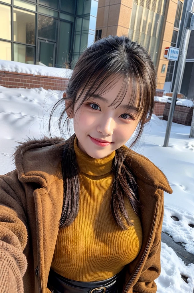(masutepiece:1.3, Photorealsitic:1.4, 8K), top-quality, masterpiece, 超A high resolution, Perfect dynamic composition, Highly detailed skin and facial texture:1.3, A detailed eye, Detailed limbs, Snow flutters:1.2, Street corner in snowy country:1.2, 1girl in, Cute sexy 22 year old woman, Fair skin, tilt the neck, ((A smile:0.9, Totally captivates you:1.1)), (wearing a fluffy brown fur coat:1.15), (Wearing a yellow long-sleeved turtleneck sweater:1.1), (Black High Waist Short Skirt), ((voluptuous breasts:0.9)), (Beautiful blue eyes, Eyes that feel beautiful eros:0.85), (Facing the front, Full Body Pose), Sexy face:0.4, red blush:1.1, (A mouthfeel that feels beautiful eros:0.85), ((Too erotic:0.9))