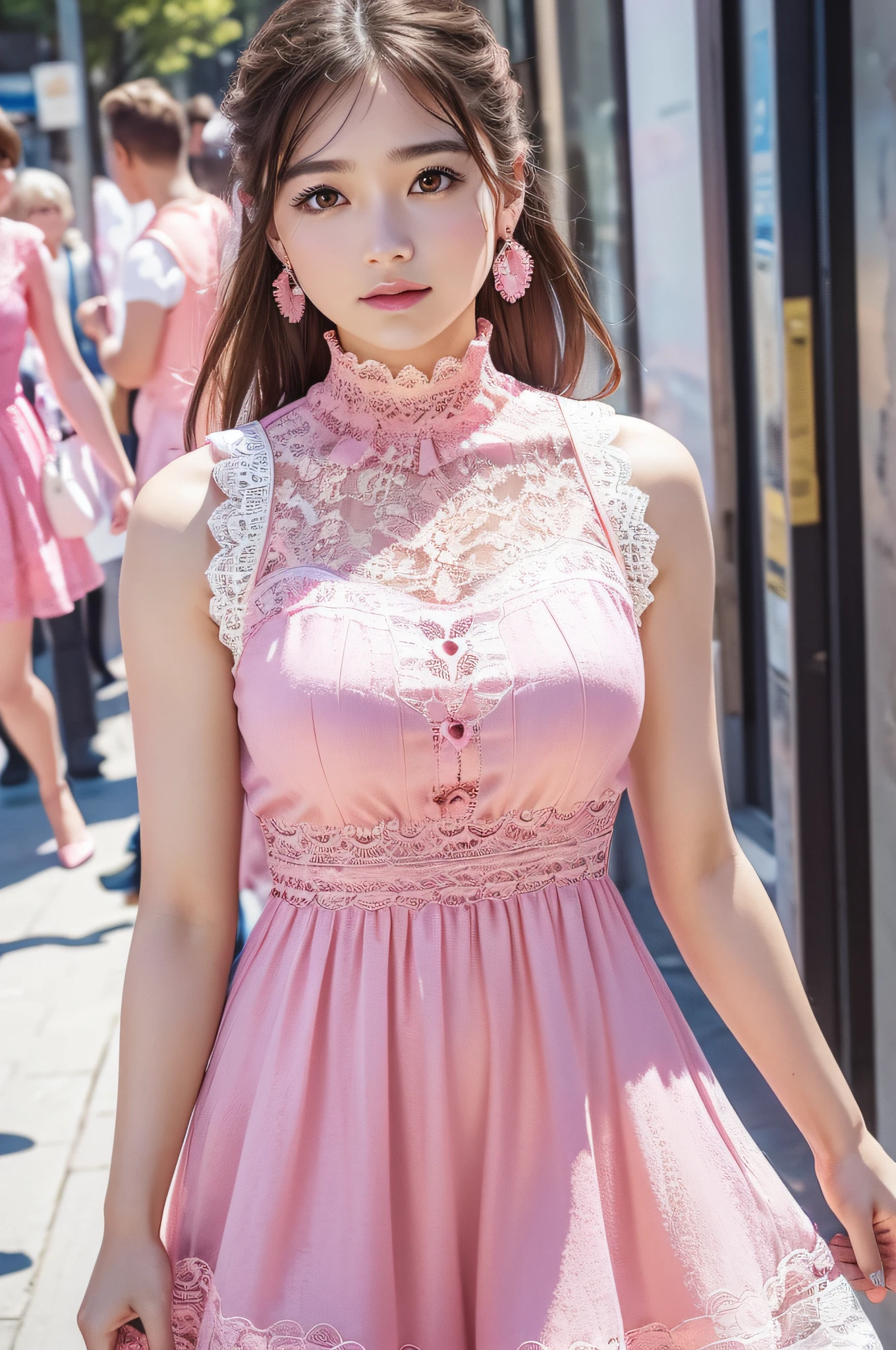 (8k、RAW Photos、highest quality、masterpiece:1.2)、(Realistic、Realistic)、1 girl、((Off the shoulder、Pink Dress、corset、See-through、mini skirt、Large Breasts、smile、Medium Hair、View from the front、stage、ribbon、Wizard's、Spotlight、Standing with hands on hips))、Lots of eyelashes、Glowing eyelids、skeletally correct