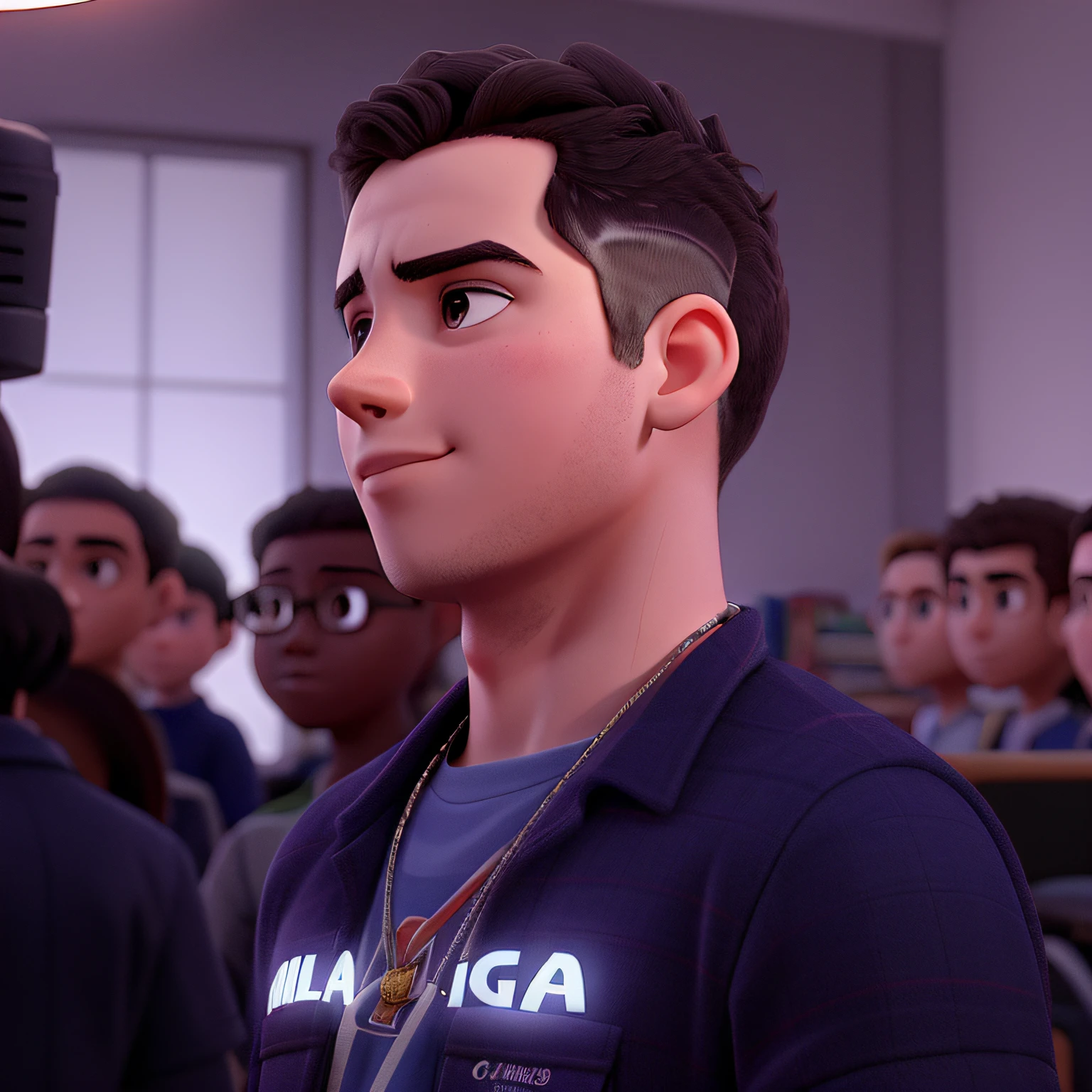 A wise young man standing in front, illuminated by the light of a lamp, contra o pano de fundo de uma biblioteca