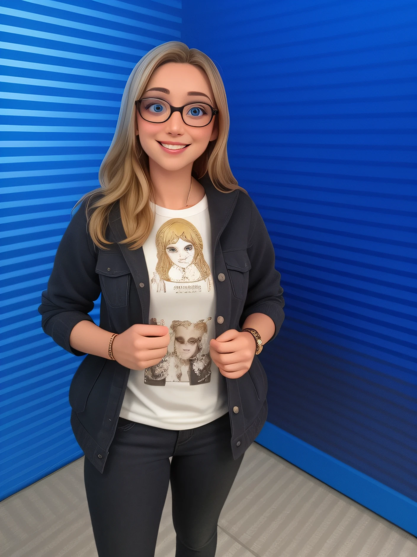 Uma mulher de 34 anos, with medium blond hair, Rosto redondo, rosto redondo com sorriso encantador, e olhos castanhos claros, terninho com wearing glasses sem estampa.