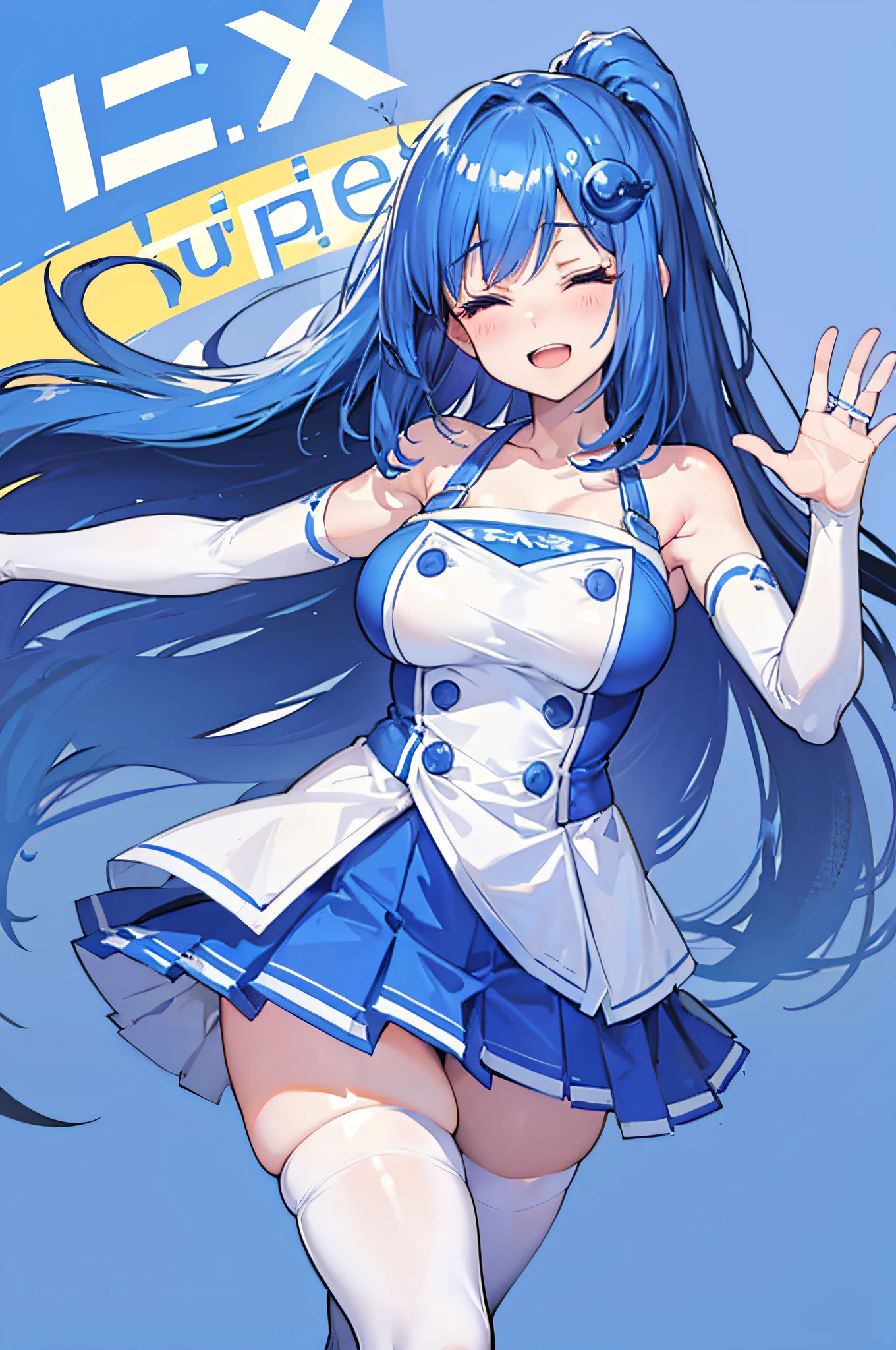 iechan, long blue hair, hair ornament, large breasts, bare shoulders, white elbow gloves, collarbone, side ponytail, white thighhighs, blue dress, pleated skirt, waving arm, simple background, eyes closed, happy, open mouth, very detailed hands that are not deformed or warped