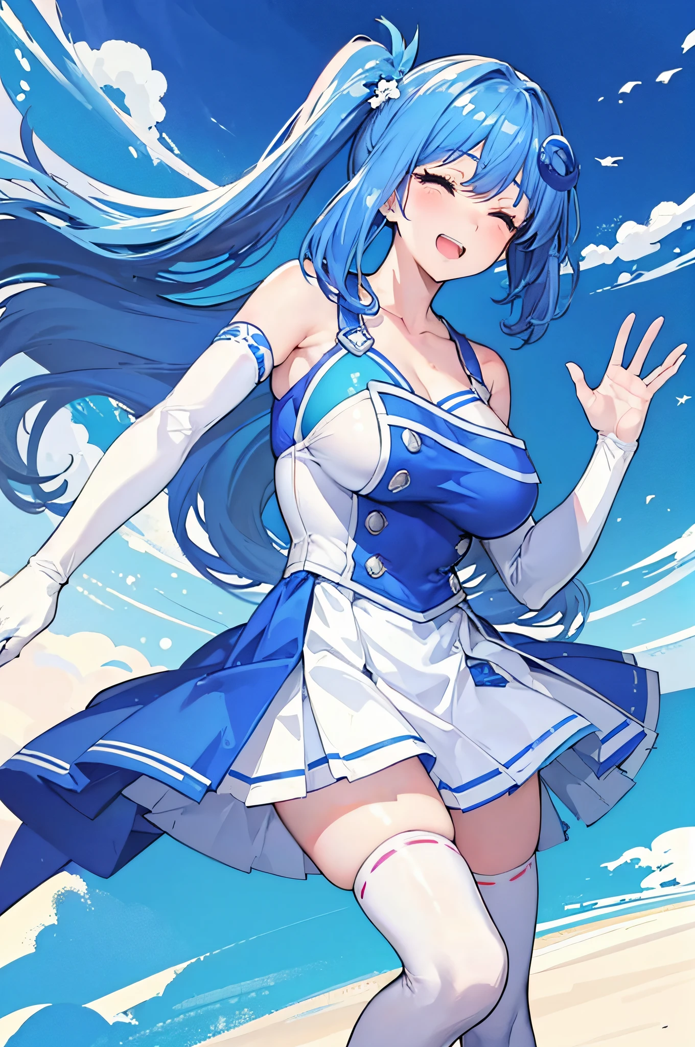 iechan, long blue hair, hair ornament, large breasts, bare shoulders, white elbow gloves, collarbone, side ponytail, white thighhighs, blue dress, pleated skirt, waving arm, simple background, eyes closed, happy, open mouth, very detailed hands that are not deformed or warped