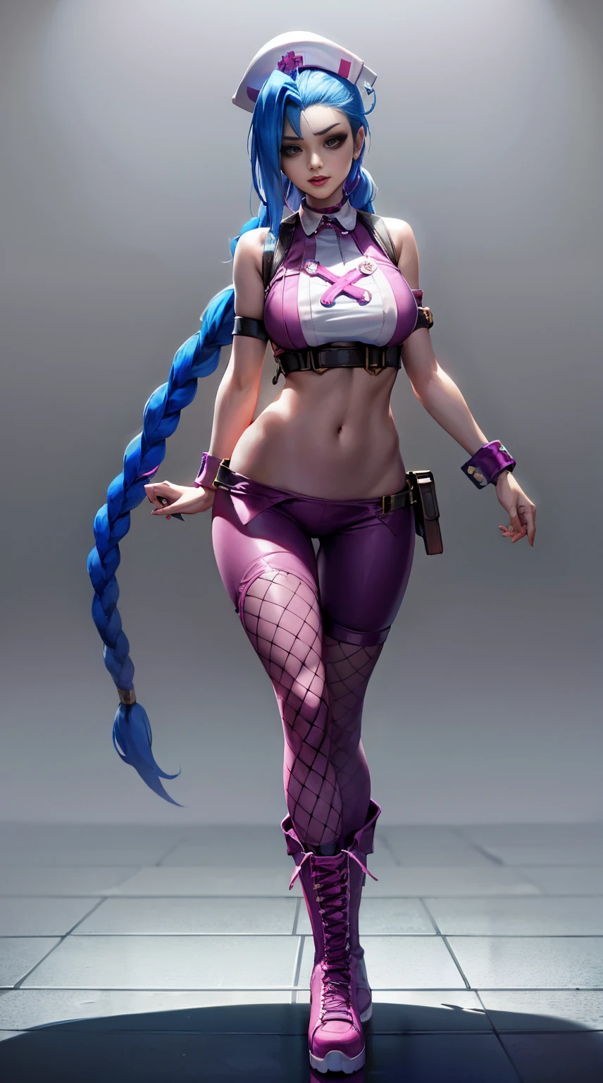 Jinx nurse,nurse hat,White nurse costume,Rose tattoo,big laughter,Blue twist braid,With a huge needle,The needle stands taller than a person。Runaway Lori,League of Legends ,de cuerpo completo,(kneehigh boots)),purpleish color,(fishnet leggings),(standing on your feet),The background is dark and tough,There is a sense of danger and intensity。