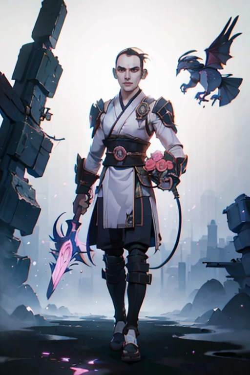 01_(Stylized character concept art), (1.full body figure), (3D character concept), (game character design).
(Description of the hero), (a young man, a Shaolin monk who combines traditional elements of ancient Chinese martial masters and modern urbanized details of appearance). (A smoothly cropped head, a piercing gaze, this is a fighter, an artist, a cyber-mage. He has a strong, slender physique, a bald head, a strong neck, shoulders, arms, and slender legs). (Dressed in a loose silk kimono, decorated with traditional Chinese patterns; flowers, peonies, skulls, and birds. A wide belt girds a strong torso, the open chest is covered with rosary beads. Arms and legs are protected by combat protective elements in a futuristic style, cyberpunk, cyber fighter. ! On her feet are cool white sports shoes, with thick soles!). (His weapon, the magic of fine arts, is armed with a long pole, this is a technological device, vaguely reminiscent of a traditional fighting pole, metal, electronic, cyber weapons. With the help of virtual images, the Fighter Monk is able to recreate various elements in space; dragons, demons, birds, flowers, and dead people. Depending on the level of accumulated energy and the presence of “primary elements”).
02_Image made in the style of a concept sheet, white empty background, (one character, full height), weapon in hands, (01_option, spectacular dynamic - combat pose with a pole, creates a combat phantom in space), (02_ option, standing relaxed - meditatively contemplative image). (Clothing colors, muted orange, metal elements, plastic; Cyberpunk style, future fighter).
03_Stylization, game character concept, white background, one full-length hero. Stylization; fantasy - cyberpunk, Riot Games, League of Legends, World of Warcraft. 3D character, game model, high quality – artistic hand-drawn 2D textures; (diffusion, transparency, glow, relief.) Rich, balanced color scheme, linear graphic outline in black.