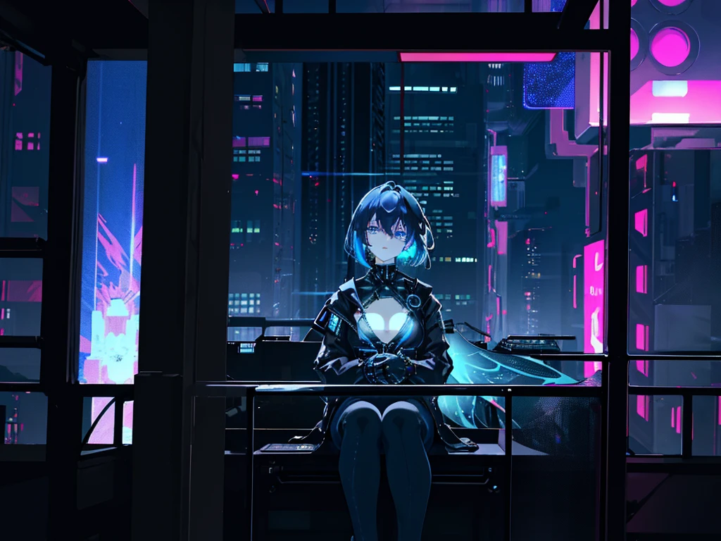 {{masterpiece,Best Quality}}, top-quality, Delicate background,delicated face,Super delicate,Ultra-detailed CG Unity,8k wallpaper, lensflare, (colourfull:1.5),Detailed beautiful eyes,1womanl,short-hair,Cool Face,((Black and blue hair)),glowing green and purple eyes,Overjacket,damage jeans,cyberpunked,a hologram,Neon lights flying around,nighttime scene,Perfect human body structure,On top of the building,Sit on the steel frame,stare at the building,Shining Buildings,Cyberpunk City,