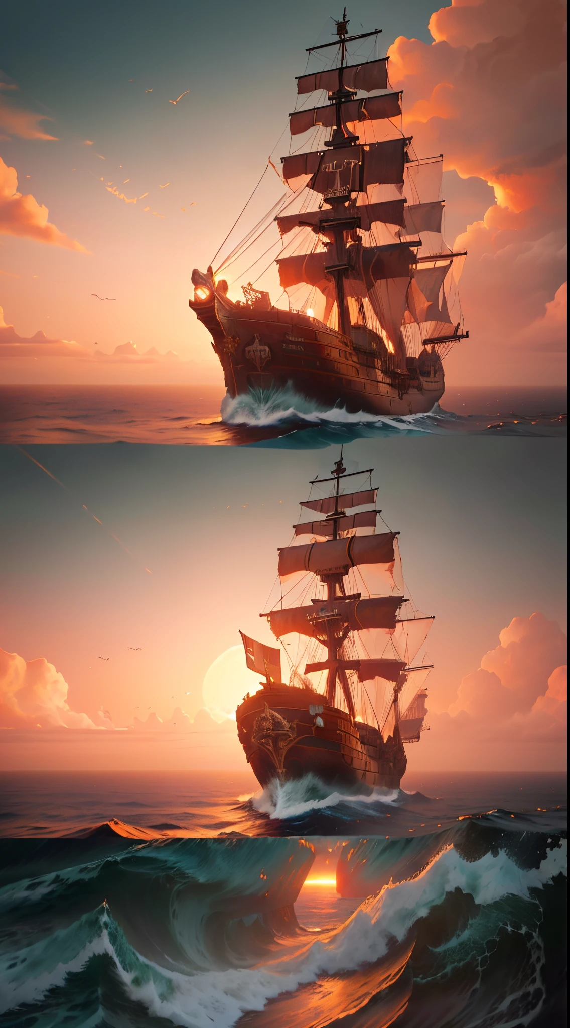 painting of a ship in the ocean with a sunset in the background, detailed cover artwork, amazing wallpaper, pirate ship, old pirate ship, gothic ship on ocean, 4k highly detailed digital art, burning ships, inspired by gaston bussiere, by Roman Bezpalkiv, detailed painting 4 k, by Arthur Pan, by Aleksander Gine