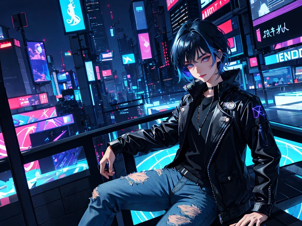 {{​masterpiece,Best Quality}}, top-quality, Delicate background,delicated face,Super delicate,Ultra-detailed CG Unity,8k wallpaper, lensflare, (colourfull:1.5),Detailed beautiful eyes,1womanl,short-hair,Cool Face,((Black and blue hair)),glowing green and purple eyes,Overjacket,damage jeans,cyberpunked,a hologram,Neon lights flying around,nighttime scene,Perfect human body structure,On top of the building,Sit on the steel frame,stare at the building,Shining Buildings,Cyberpunk City,