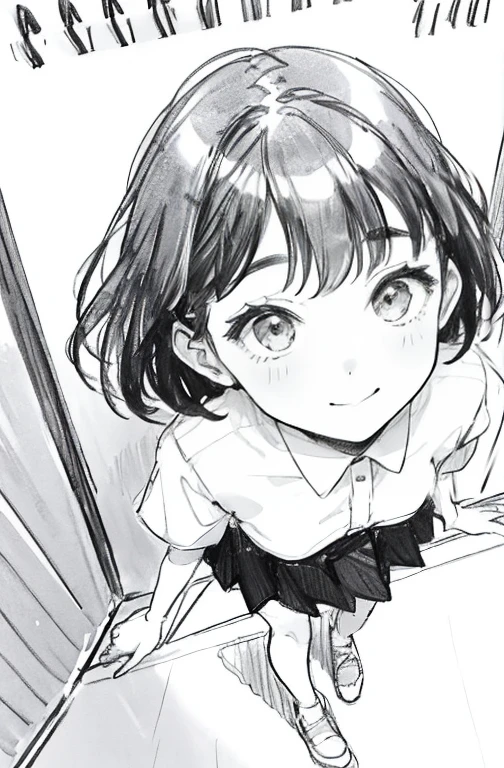 1girl in,line-drawing,monochromes,sketch,Pencil drawing,Traditional Media,1girl in, black skirt fence, A dark-haired,shortsleeves, Skirt, Solo、Cute woman in her 20s, ,Beautiful portrait、Delicate body、full body Esbian、look up to、bobhair、shorth hair、Patsun、deadpan、校服、エロ、tits out、ssmile