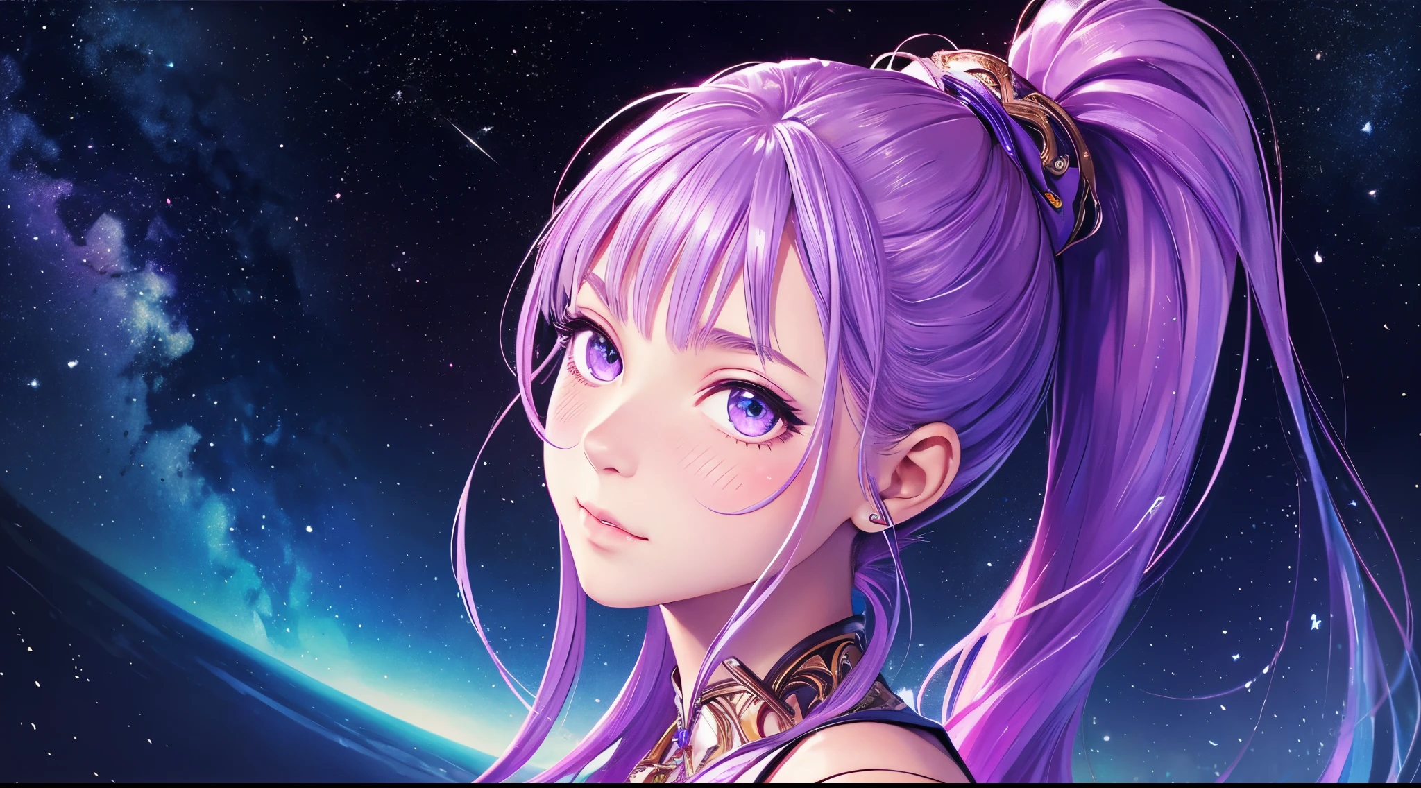 best quality,ultra-detailed,realistic,lovely face,ponytail,purple,stars,nebula,cheeky look,starry eyes,blush cheeks,portrait,painting,soft colors,subtle lighting