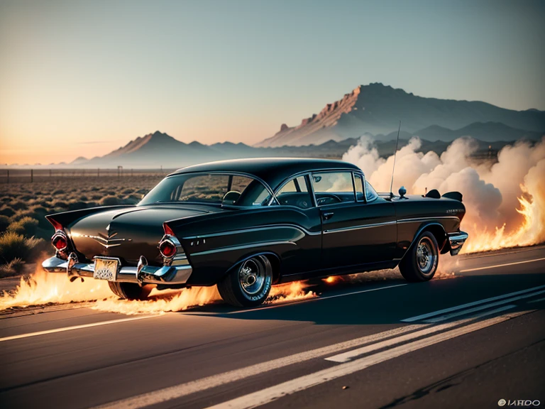 1959 Chevrolet Bel Air limousine skidding on the road, accelerating and smoking the rear tires , sujo, estragado, quebrado, amassado, wrecked, estilo madmax, Post-apocalypse environment, em uma estrada no meio do deserto quente, tem uma mulher dirigindo este carro, o carro possui RODA ESTRELA, RODA LARGA E EFEITO DE RODA GIRANDO, COLOR BLACK METALLIC, Headlights on, VIDROS ESCUROS OPACOS, DETALHES EM COR DOURADO, FRISOS EM COR DOURADA, The car is on fire, It's on fire, queimando, pegando fogo no motor, chamas lindas e fortes, fire on engine, fogo em toda parte