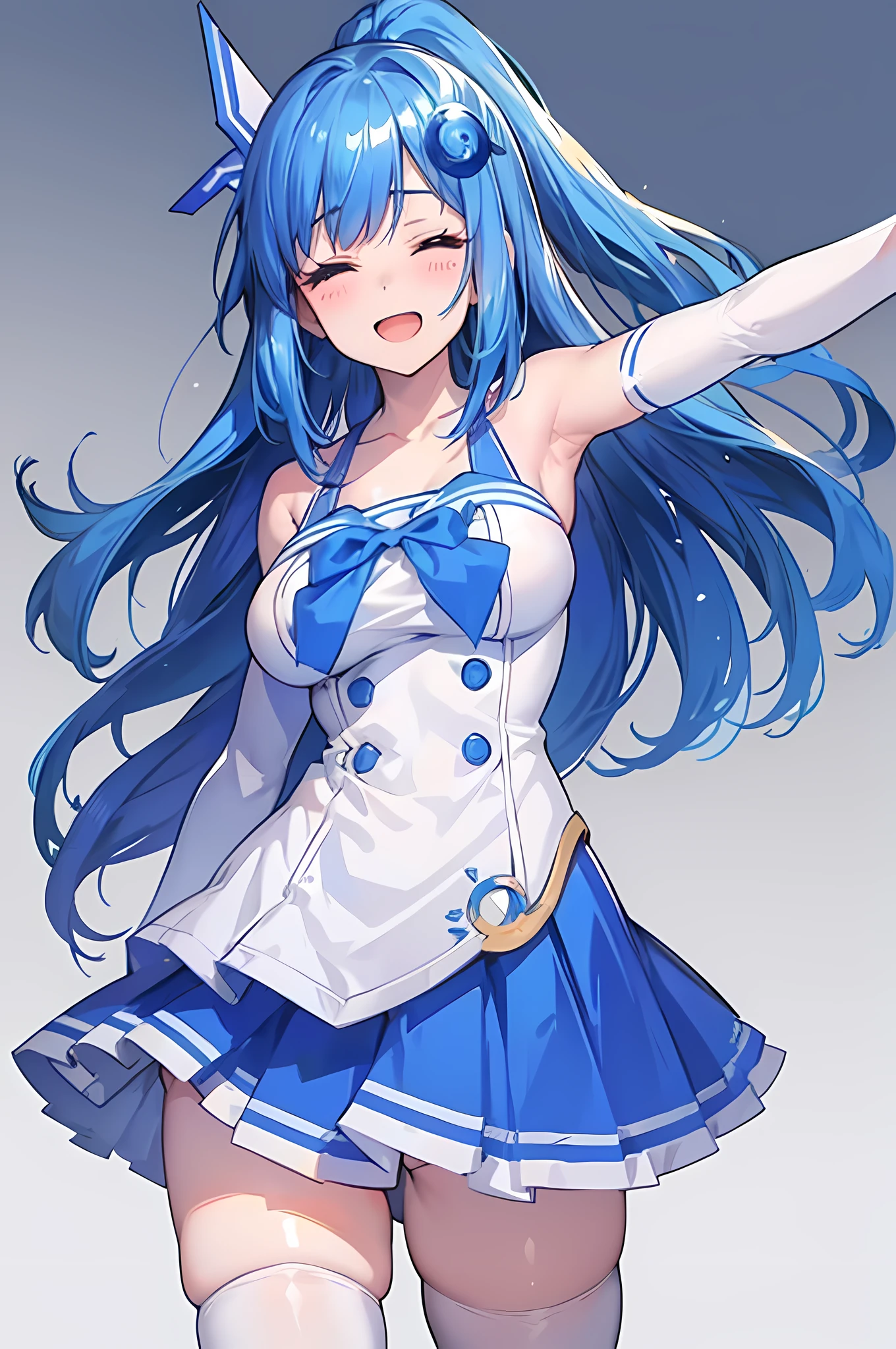 iechan, long blue hair, hair ornament, large breasts, bare shoulders, white elbow gloves, collarbone, side ponytail, white thighhighs, blue dress, pleated skirt, waving arm, simple background, eyes closed, happy, open mouth, very detailed hands that are not deformed or warped