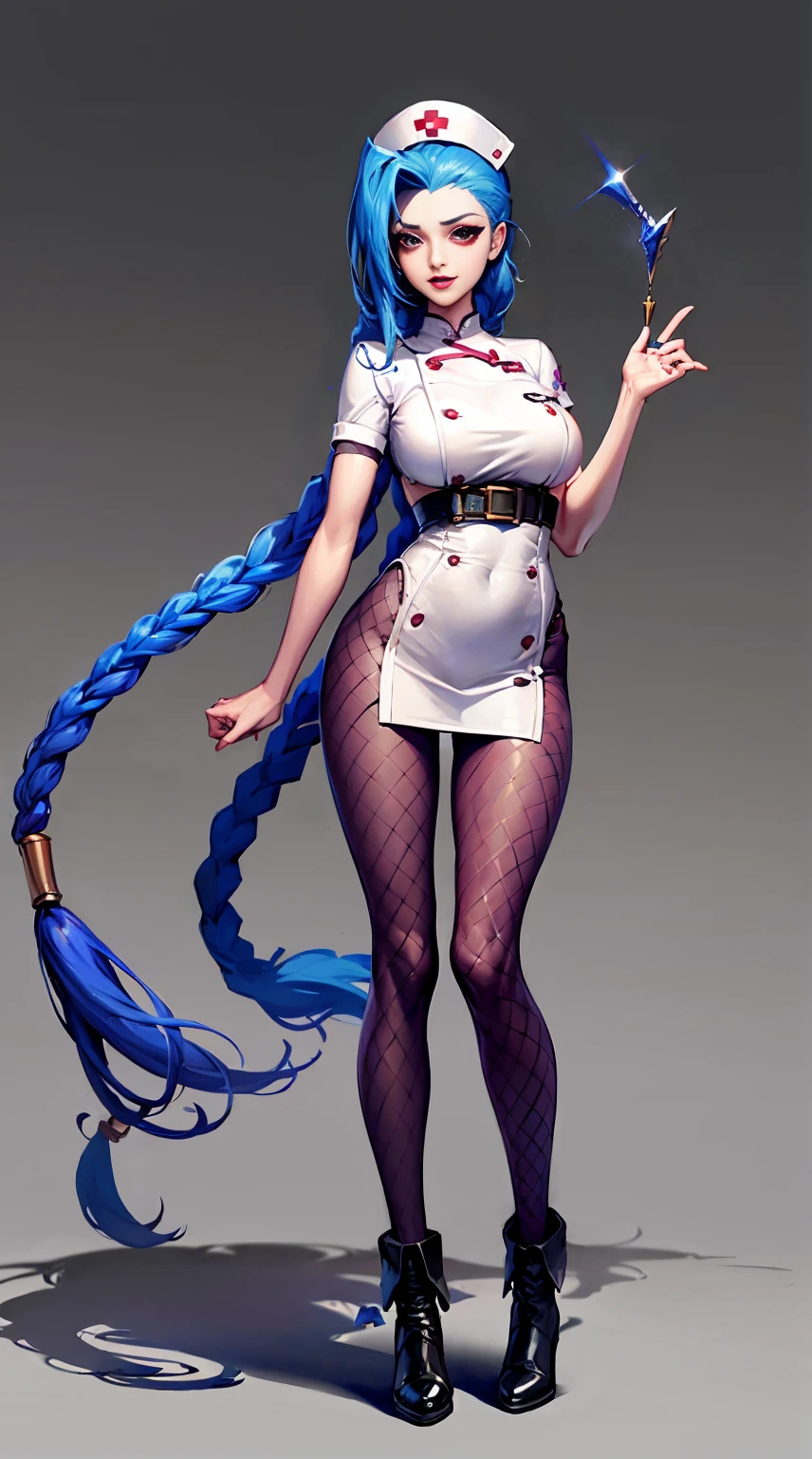 Jinx nurse,nurse hat,(White nurse costume),Rose tattoo,big laughter,Blue twist braid,With a huge needle,The needle stands taller than a person。Runaway Lori,League of Legends ,de cuerpo completo,(kneehigh boots)),purpleish color,(fishnet leggings),(standing on your feet),The background is dark and tough,There is a sense of danger and intensity。