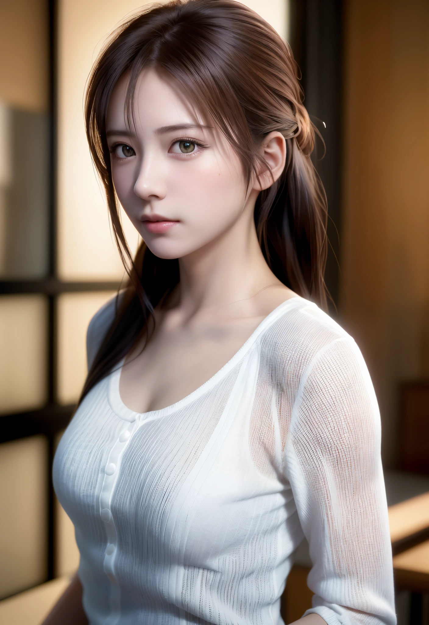 A close up of a woman in a white shirt posing for a picture - SeaArt AI