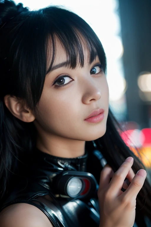 (8K, Raw photo, Best Quality, masutepiece:1.3),(Realistic,Photorealsitic:1.37),(Looking at Viewer:1.331),Cyberpunk City,Soft light,1girl in,Extremely beautiful face,Bust,put down hands,Random hairstyle,Random expression,Big eyes,