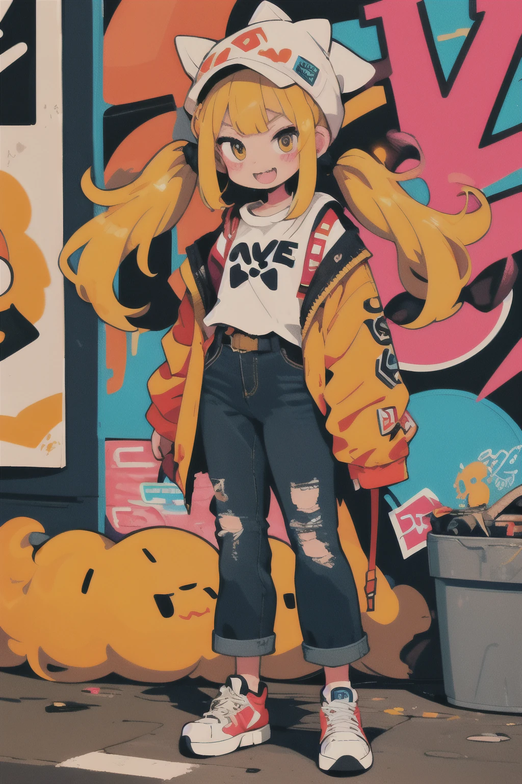 Original Character, Volumetric Lighting, Best Shadows, Shallow Depth of Field, Portrait Of Stunningly Beautiful Girl, Petite, Delicate Beautiful Attractive Face With Alluring Yellow Eyes, Messy Painted Face, Sharp Eyebrows, Broadly Smiling, Open Mouth, Fangs Out, Lovely Medium Breasts, Layered Long Twintail Blond Hair, Blush Eyeshadow, Thick Eyelashes, Applejack Hat, Oversized Pop Jacket, Mini Underboob Tee, Open Navel, Slim Waist, Denim Jeans Pants, With Buckle Belt, In The Graffiti Alley, Waste Container, Outside Stairs, Outdoor Unit, Holding Spray Paint Can, Standing, (Highest Quality, Amazing Details:1.25), (Solo:1.3), Brilliant Colorful Paintings