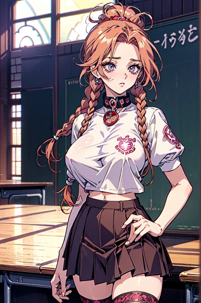 "(masterpiece:1.1), best quality, NSFW,
1girl, gyaru, (80s anime style:1.3), (eyelashes:1.5), (:1.2),
(intricate high detailed body:1.2),
(red hair:1.1),
(forehead:1.1), (twin braids:1.1),
purple eyes,
(pale skin:1.1), (slim body:1.2), (gigantic breasts:1.5),
(naughty face:1.2),
(school uniform, skirt, midriff peek:1.1),
knee socks, jewelry, earrings, collar, streaked hair,
standing, arms behind back,
upper body,
(classroom:1.2)"