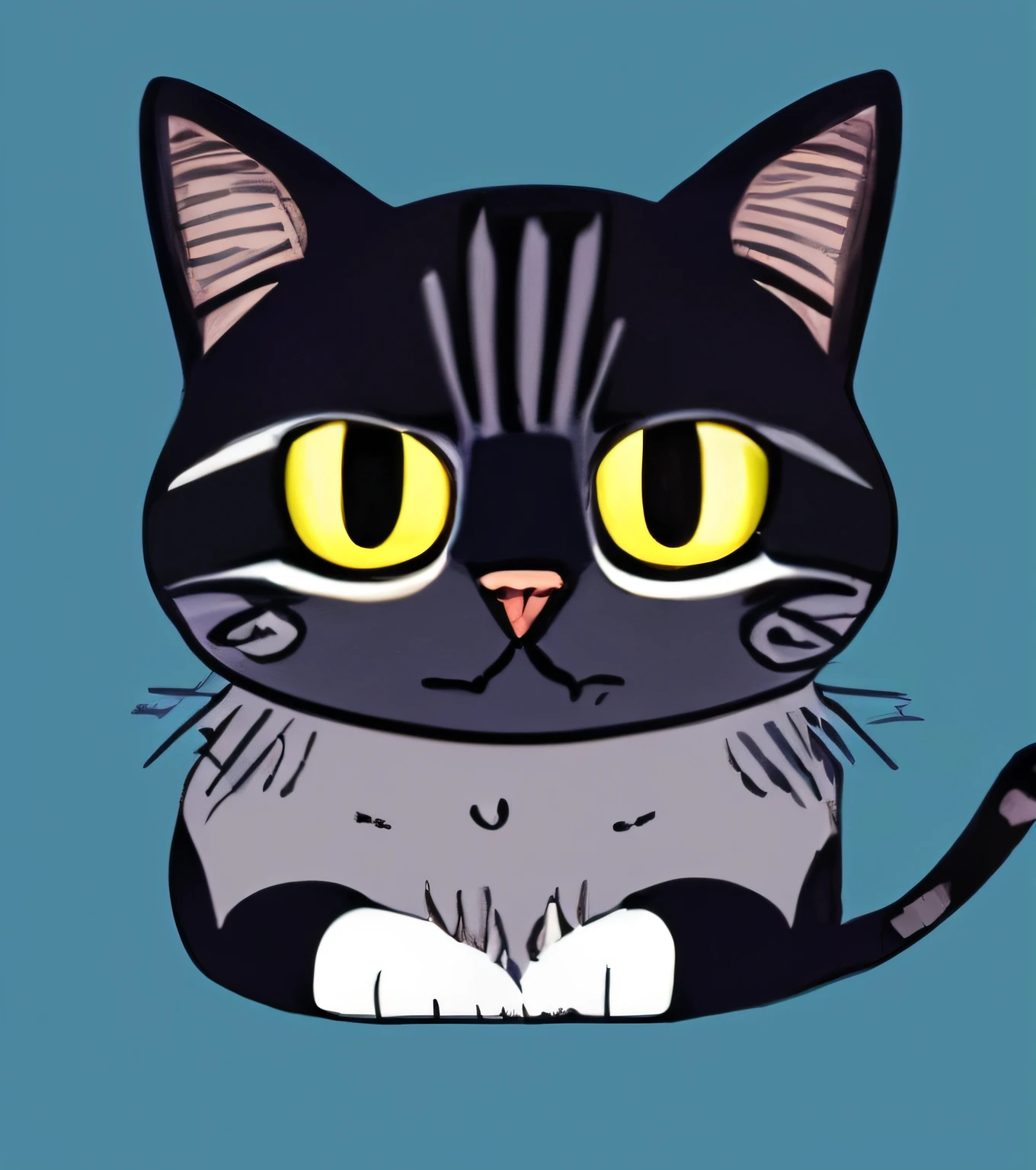 Cartoon cat with yellow eyes sitting on a blue surface, Cat. Digital Painting, illustration of a cat on it, cat design, Anthropomorphic cat, fat chibi grey cat, anime cat, Lineless, anthropomorphic female cat, Cat, meow, cat detailed, "Cartoon animal portrait, Someone, tuxedo cat, discord profile picture, a cute little cat