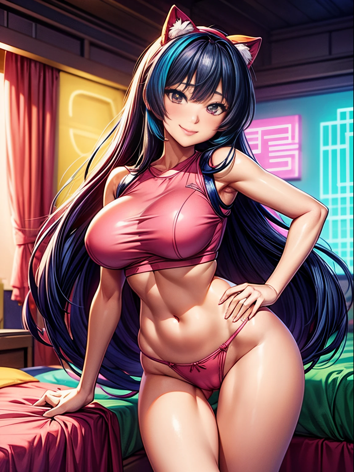 a beautiful asian anime woman wearing pajamas, cute smile, neon lit room, tight underwear, camel toe, thigh gap, skimpy pajamas, long hair, vibrant colors, anime style, sexual, big boobs