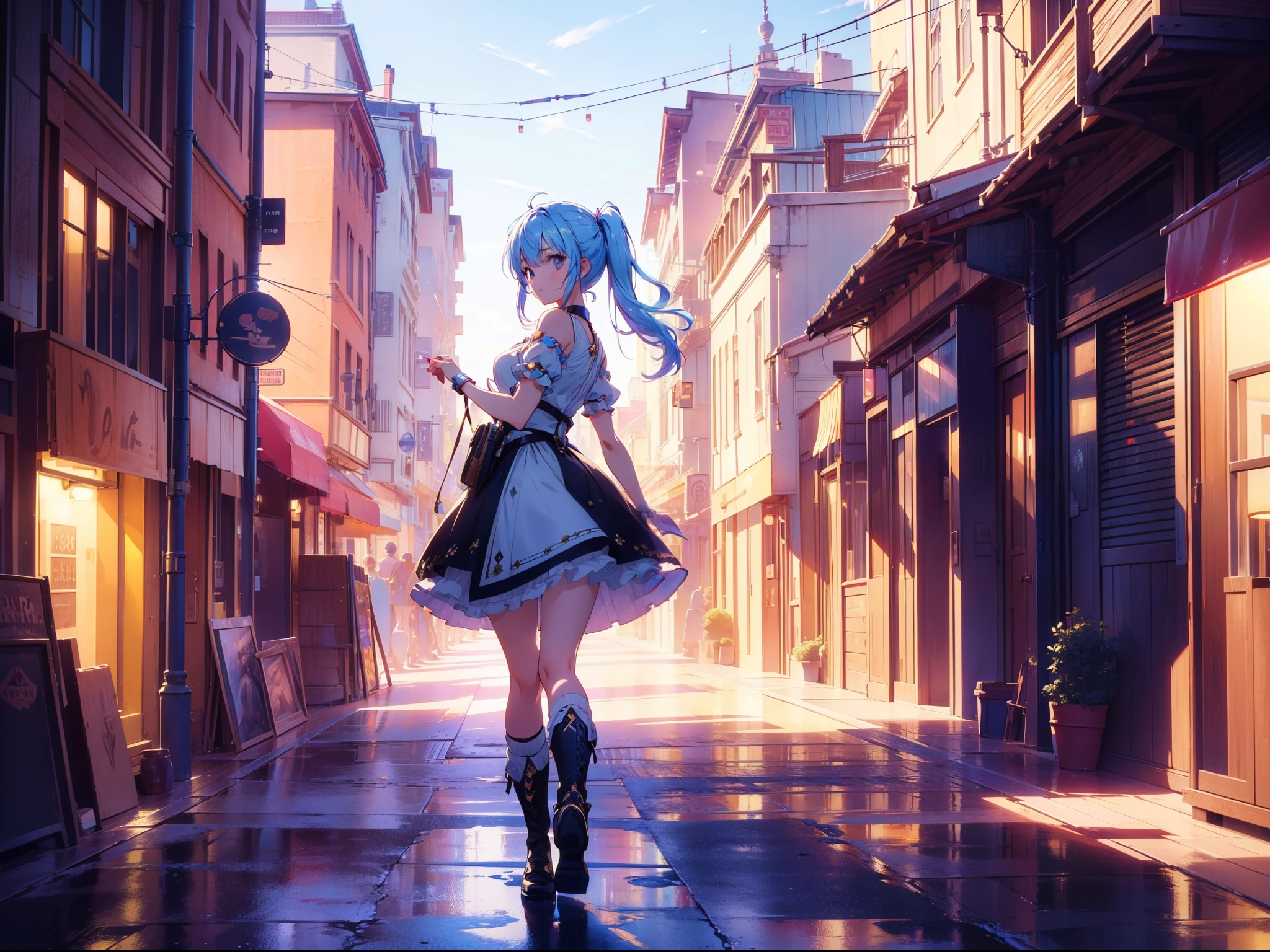 1 cute girl, (walking on arcade street), cinematic lighting, cowboy shot, close to viewer, character focus,(from below :0.8) ,((one-point perspective)), high resolution,(incredibly absurdres) ,extremely detailed CG unity 8k wallpaper, ((masterpiece)), ((top-quality)), (beautiful illustration,background Tento), ((an extremely delicate and beautiful))
