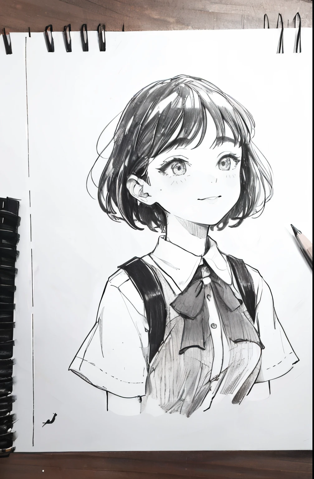 1girl in,line-drawing,monochromes,sketch,Pencil drawing,Traditional Media,1girl in, black skirt fence, A dark-haired,shortsleeves, Skirt, Solo、Cute woman in her 20s, ,Beautiful portrait、Delicate body、full body Esbian、look up to、bobhair、shorth hair、Patsun、deadpan、校服、エロ、tits out、ssmile