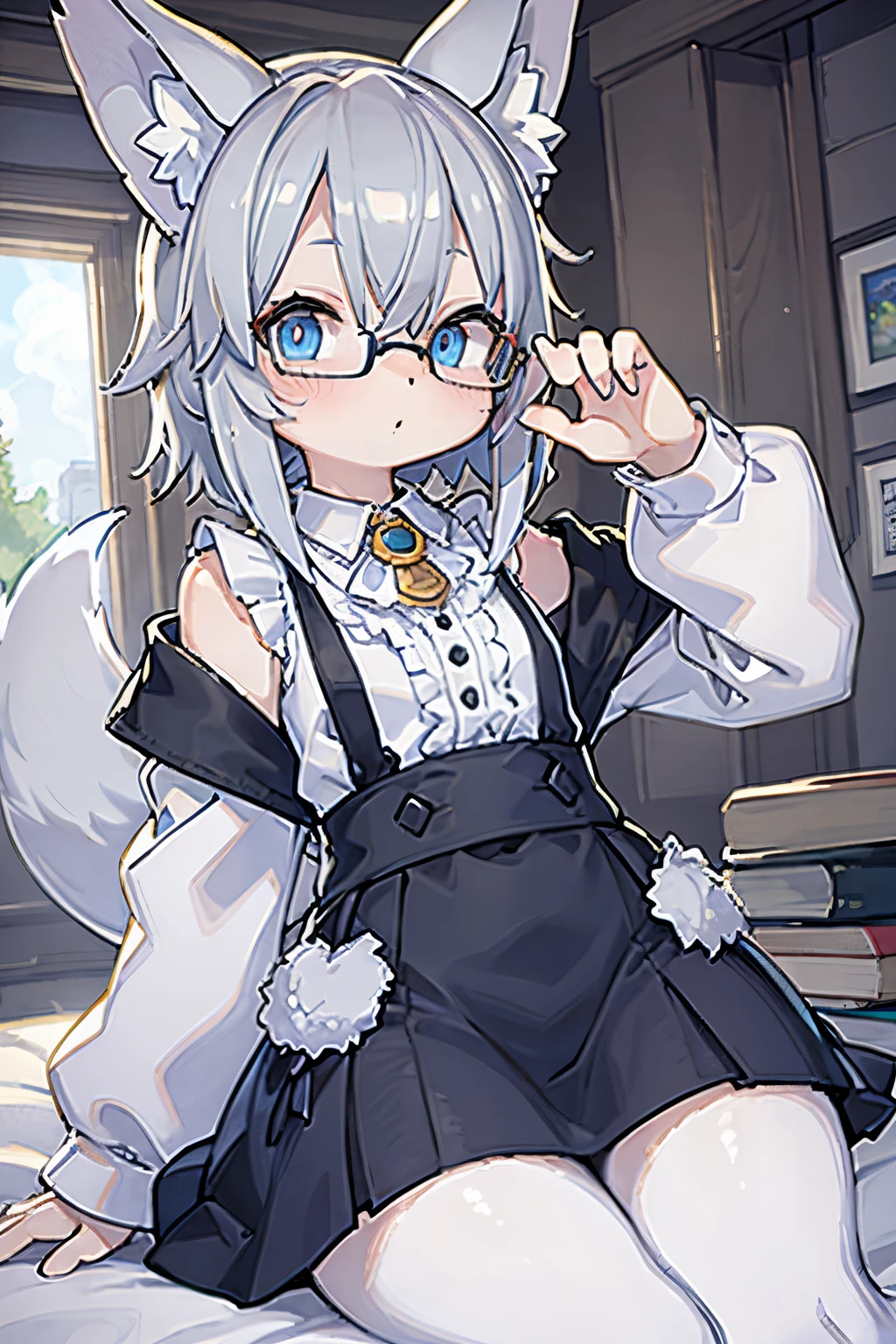 youthful (Short silver hair ,Fox ears),Blue Eyes,glasses