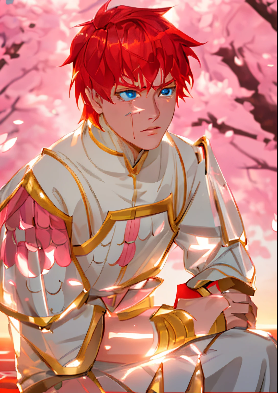 Boy, white skin, red hair, blue eyes, anime-style art, masterpiece, anime scenery, detailed character, vibrant colors, soft lighting, intense gaze, flowing red hair, serene expression, dynamic pose, gentle breeze, sakura blossoms, vibrant sunset, cinematic atmosphere, crystal-clear water, vivid reflections, realistic details, intricate background, flawless skin, mesmerizing eyes, long eyelashes, captivating composition, emotional storytelling, immersive experience, high-resolution, professional quality, stunning visuals
