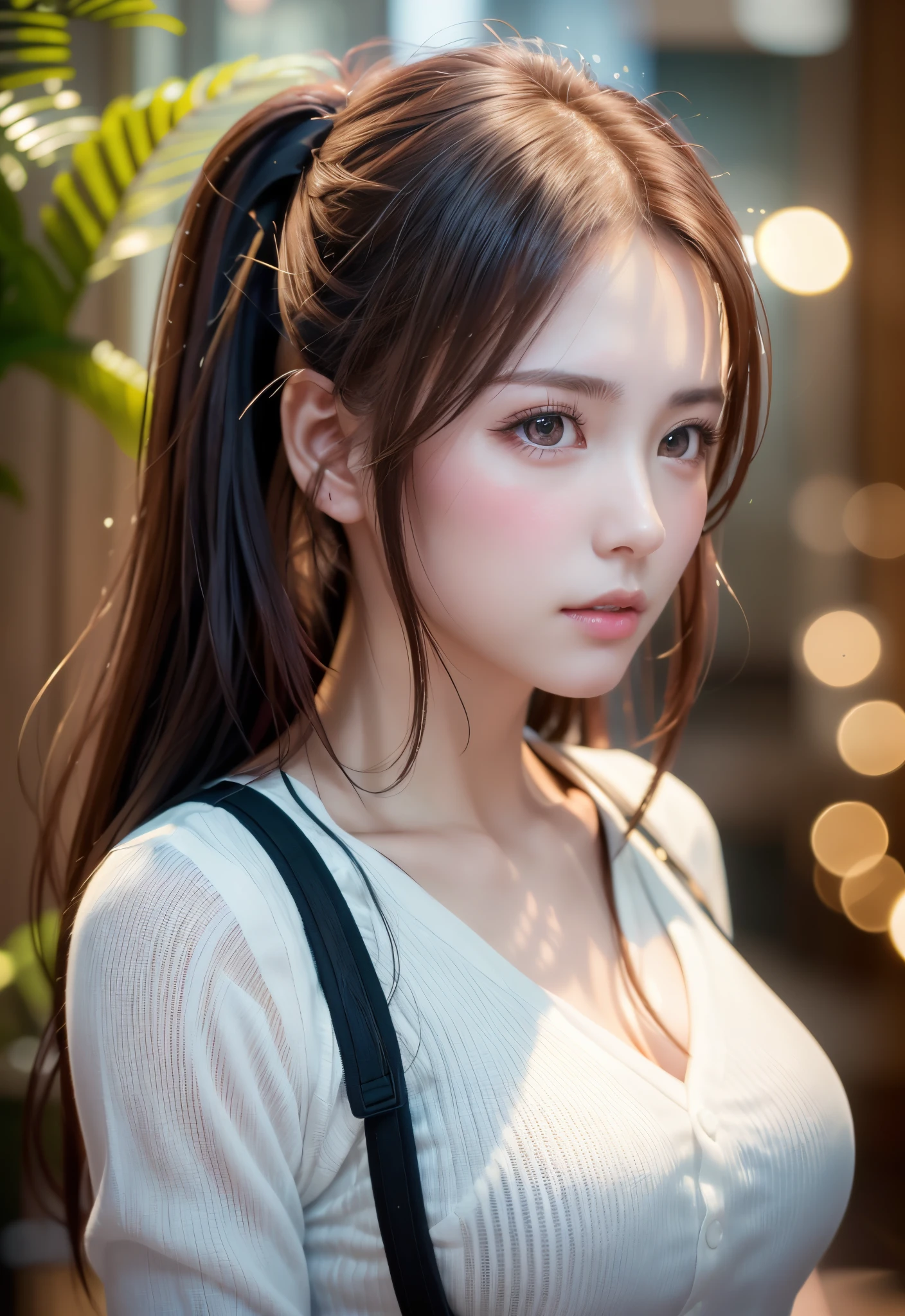 8K, of the highest quality, masutepiece:1.2), (Realistic, Photorealsitic:1.37), of the highest quality, masutepiece, Beautiful young woman, Pensive expression, Sweet look, Sexy white shirt、Hair tied back, Messy mood, Cinematic background, Tired, Light skin tone