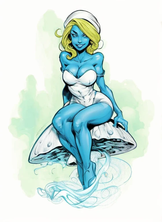 um close de um personagem de desenho animado sentado em um cogumelo, Smurf, she has pale blue skin!!!, j. Scott Campbell, j. Scott Campbell, com pele azul, mystique, Comic Pinup style, joe GB Fenton, invisible woman, Directed by: Ryan Stegman, Duende Azul, โค๐ฅ๐๐ช, arte estilo quadrinhos, inspirado em Ryan Stegman