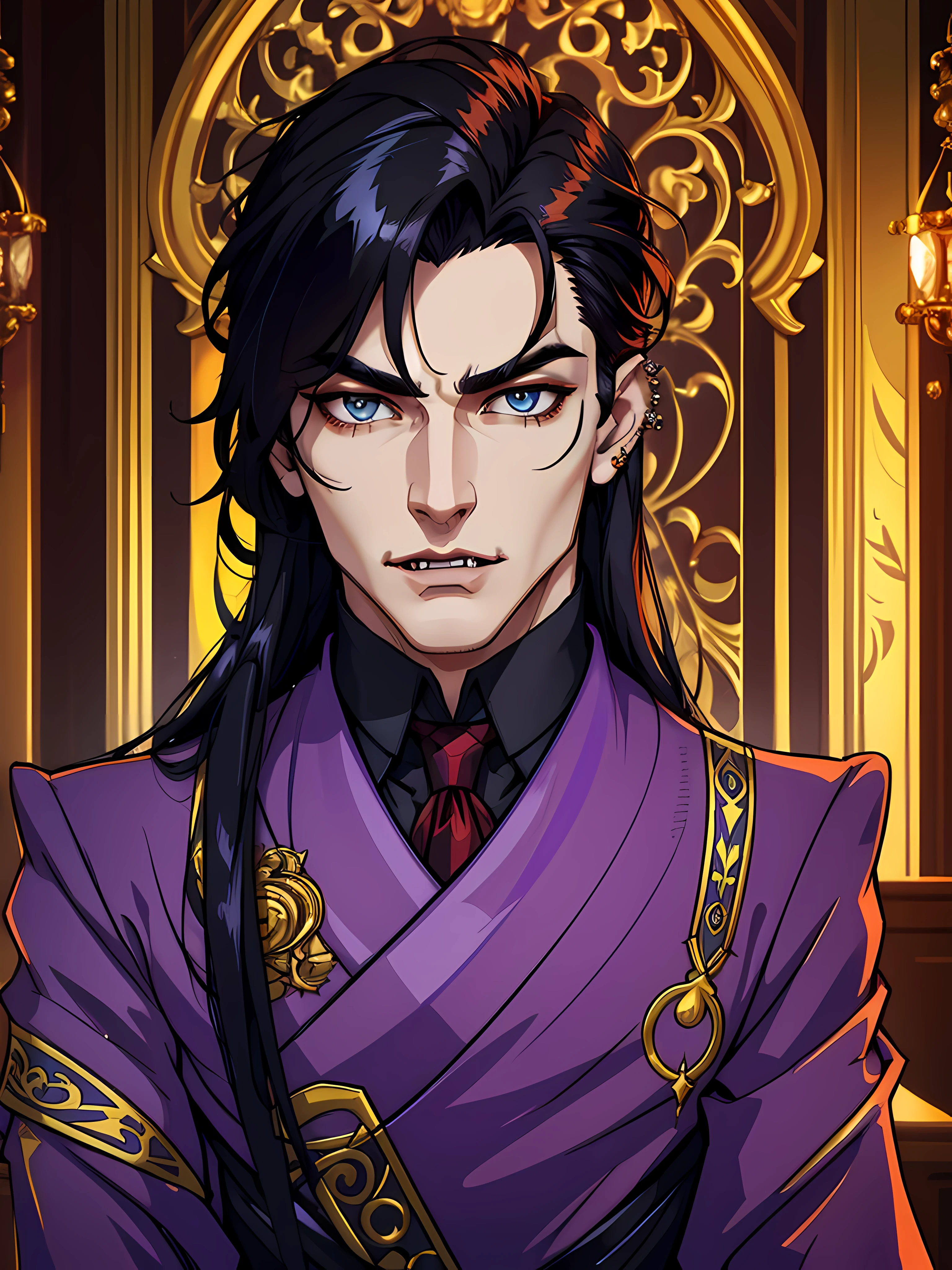 fangs, (solo:1.3), (mid shot:1.3), (((((looking at the viewer))))), in the grand castle hall a handsome aristocratic ((((1boy)))) vampire male stands with an air of timeless elegance, his refined features are carved with impeccable symmetry, his angular jawline hinting at strength beneath his composed demeanor, his sleek midnight black hair is meticulously styled, framing his piercing eyes that hold a captivating intensity