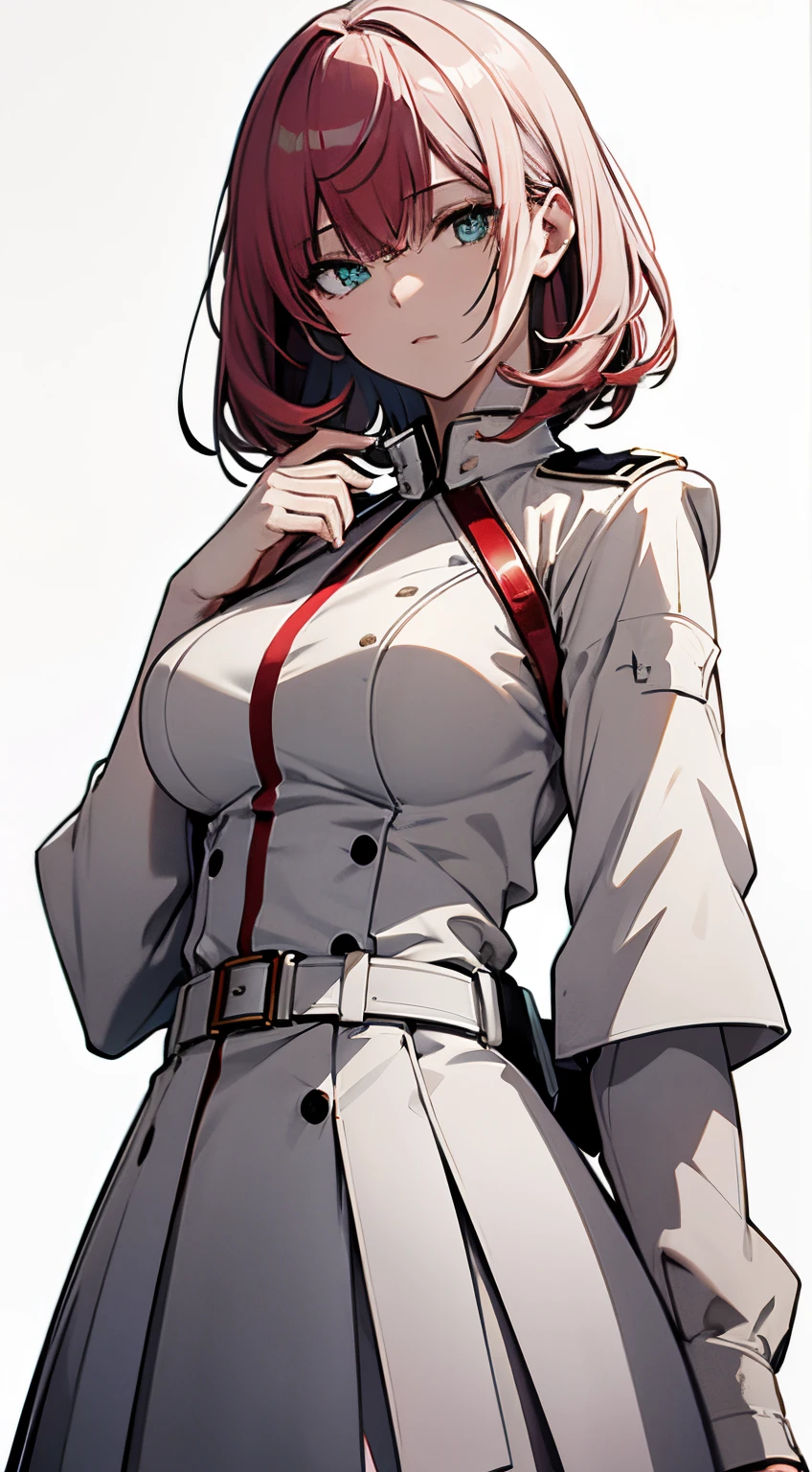 Full body, White one-piece military uniform,(masutepiece:1.2, Best Quality), (finely detailed beautiful eye: 1.2), (beautifull detailed face), High contrast, (Best Illumination, extremely delicate and beautiful), ((Cinematic Light)), Dramatic light, Intricate details, emeraldgreen eyes, Belt under boobies、White military uniform, White skirt,Wine red hair, (Pale white background:1.5),  Black tie