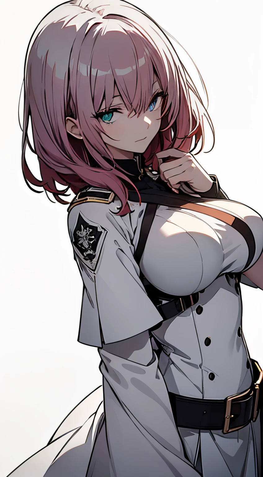 Full body, White one-piece military uniform,(masutepiece:1.2, Best Quality), (finely detailed beautiful eye: 1.2), (beautifull detailed face), High contrast, (Best Illumination, extremely delicate and beautiful), ((Cinematic Light)), Dramatic light, Intricate details, emeraldgreen eyes, Belt under boobies、White military uniform, White skirt,Wine red hair, (Pale white background:1.5),  Black tie